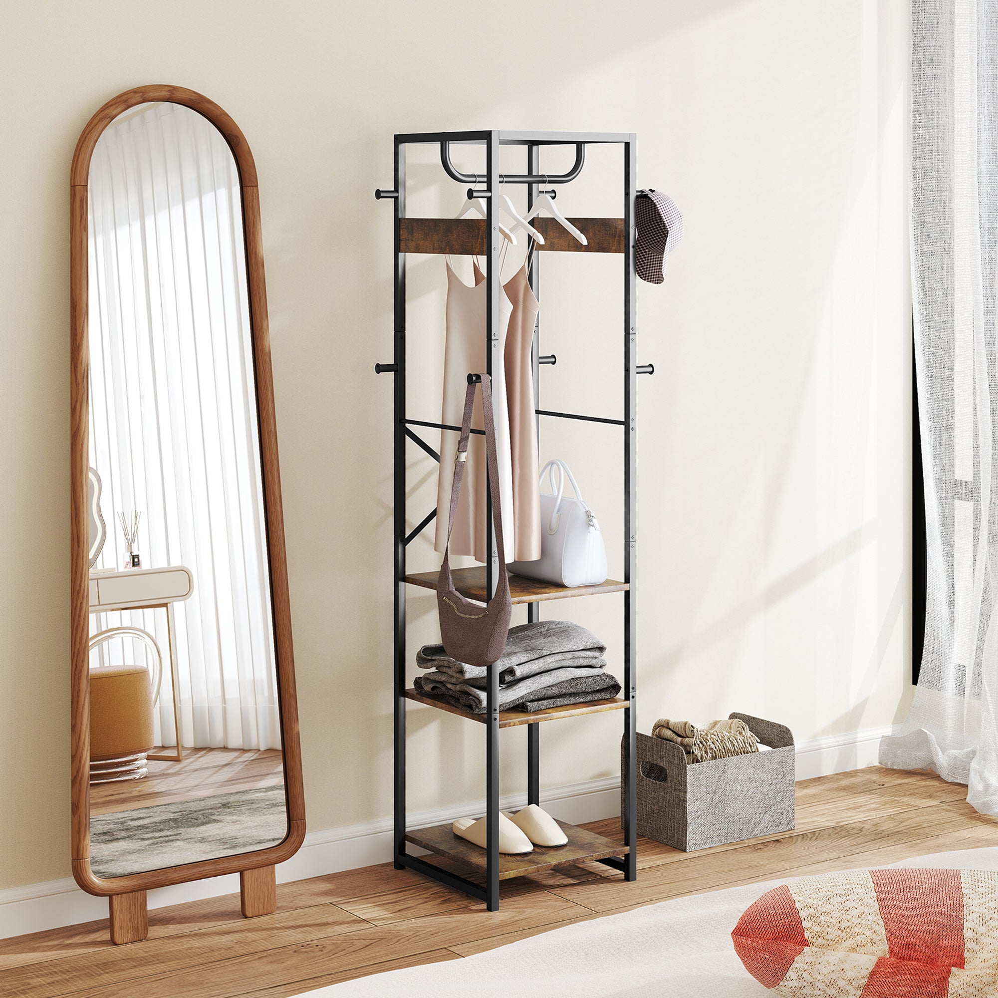 HOMCOM Multi-Storage Clothes Rack - Brown/Black - North Peak Garden Furniture