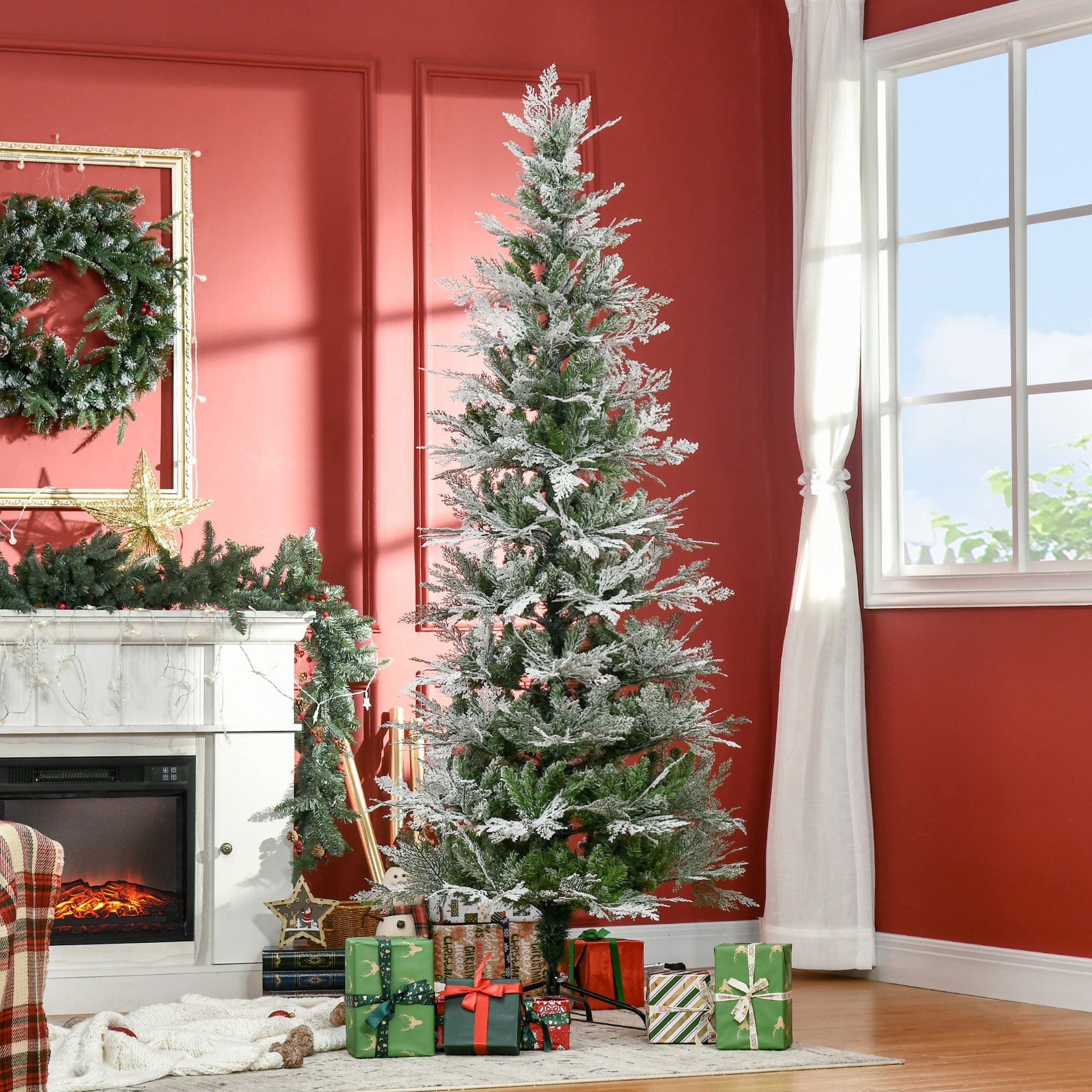 HOMCOM 7 Ft Pencil Snow Flocked Artificial Christmas Tree with Realistic Cypress Branches, Auto Open, Green - North Peak Garden Furniture