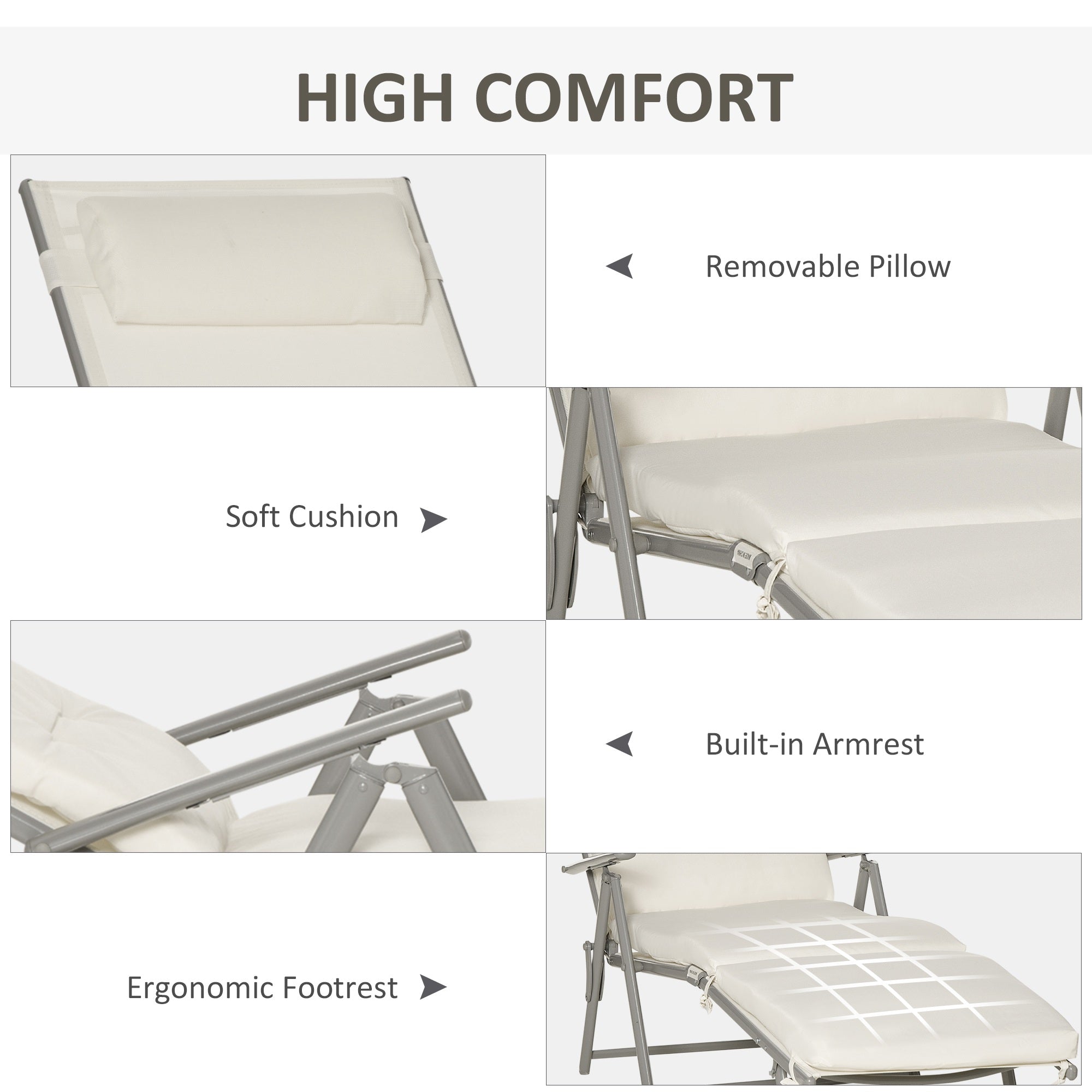 Outsunny Sun Lounger Steel Frame Outdoor Folding Chaise Texteline Lounge Chair Recliner with Headrest & 7 Levels Adjustable Backrest, Cream White - North Peak Garden Furniture