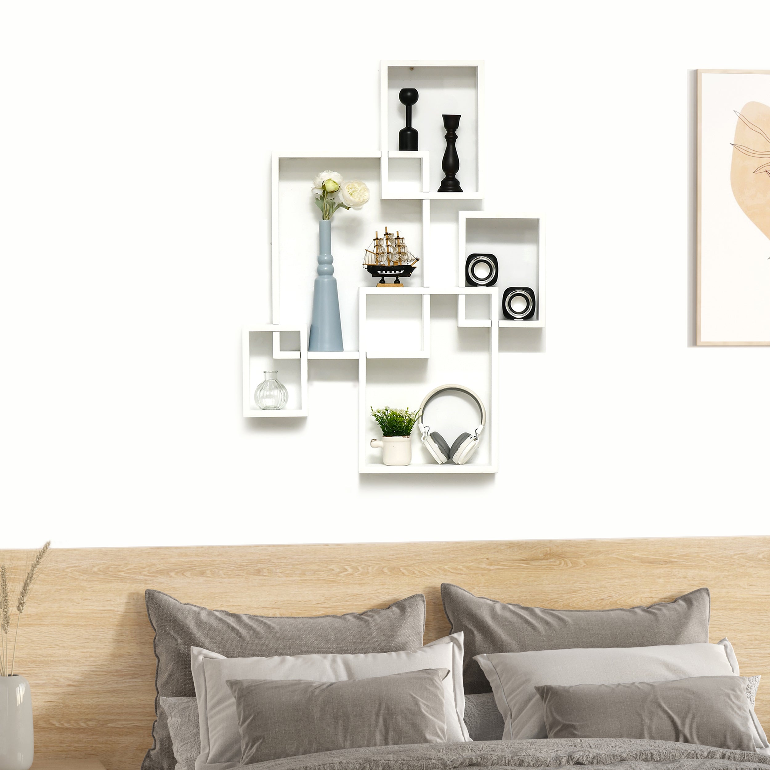 HOMCOM Floating Shelves, Wall Mounted Interlocking Cube Shelves, Display Wall Shelf for Living Room, Bedroom, Hallways, White - North Peak Garden Furniture