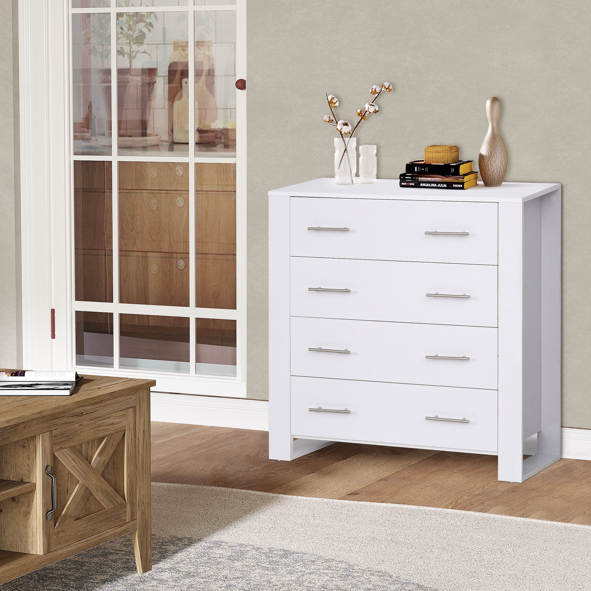 HOMCOM Chest Of 4 Drawers Storage Cabinet Bedroom Clothes w/Metal Handles Base Freestanding Unit Furnishing Living Room White - North Peak Garden Furniture