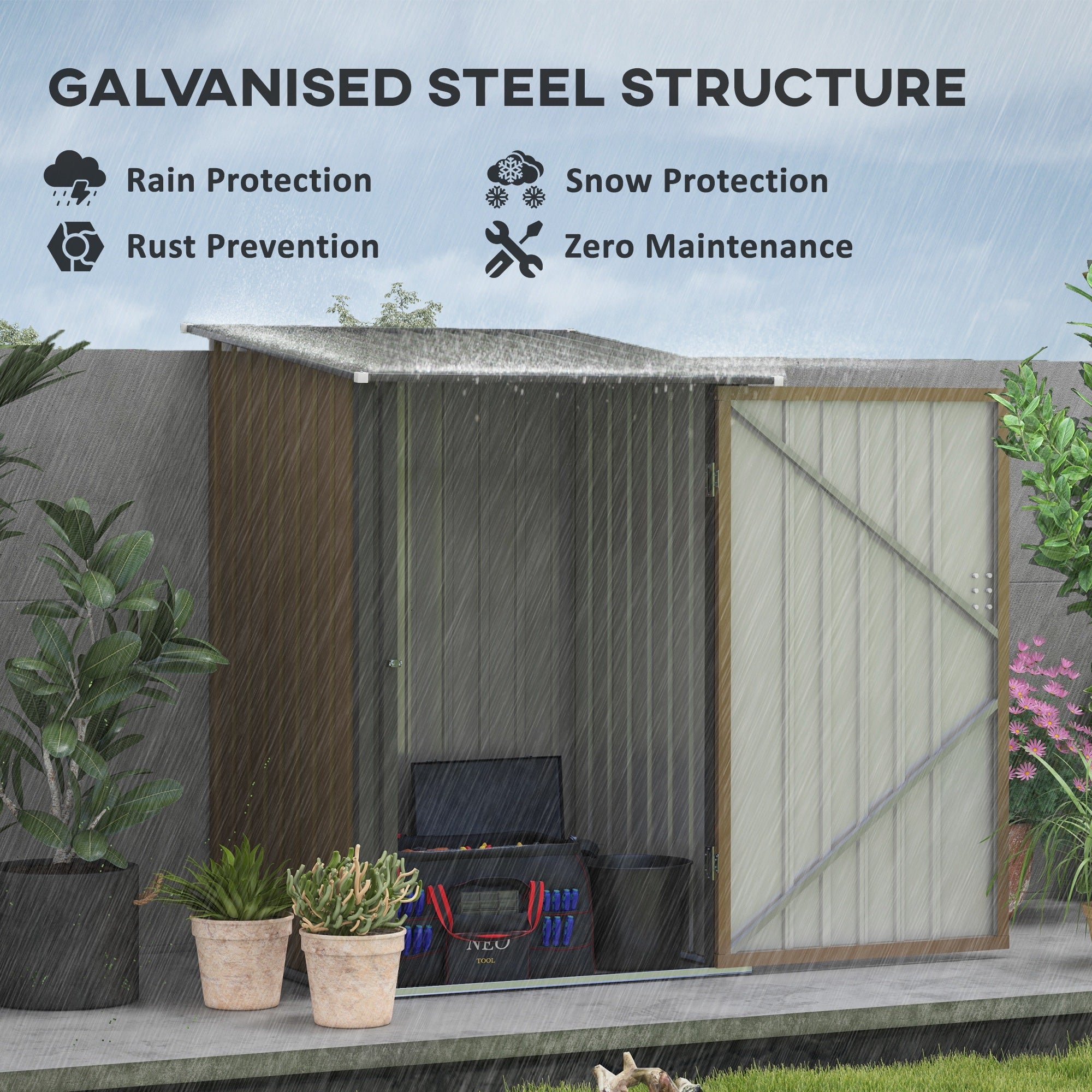 Outsunny 3.3 x 3.4ft Lean To Steel Garden Shed, with Locking Door - Brown/Grey - North Peak Garden Furniture