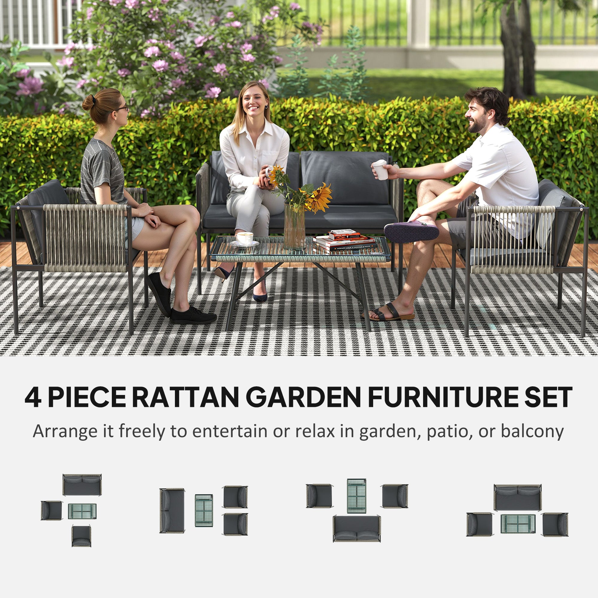 Outsunny 4 Piece Rattan Garden Furniture Set, 4 Seater Wicker Outdoor Furniture Set with 2 Armchairs, Loveseat, Glass Top Coffee Table and Cushions for Balcony, Porch, Grey - North Peak Garden Furniture