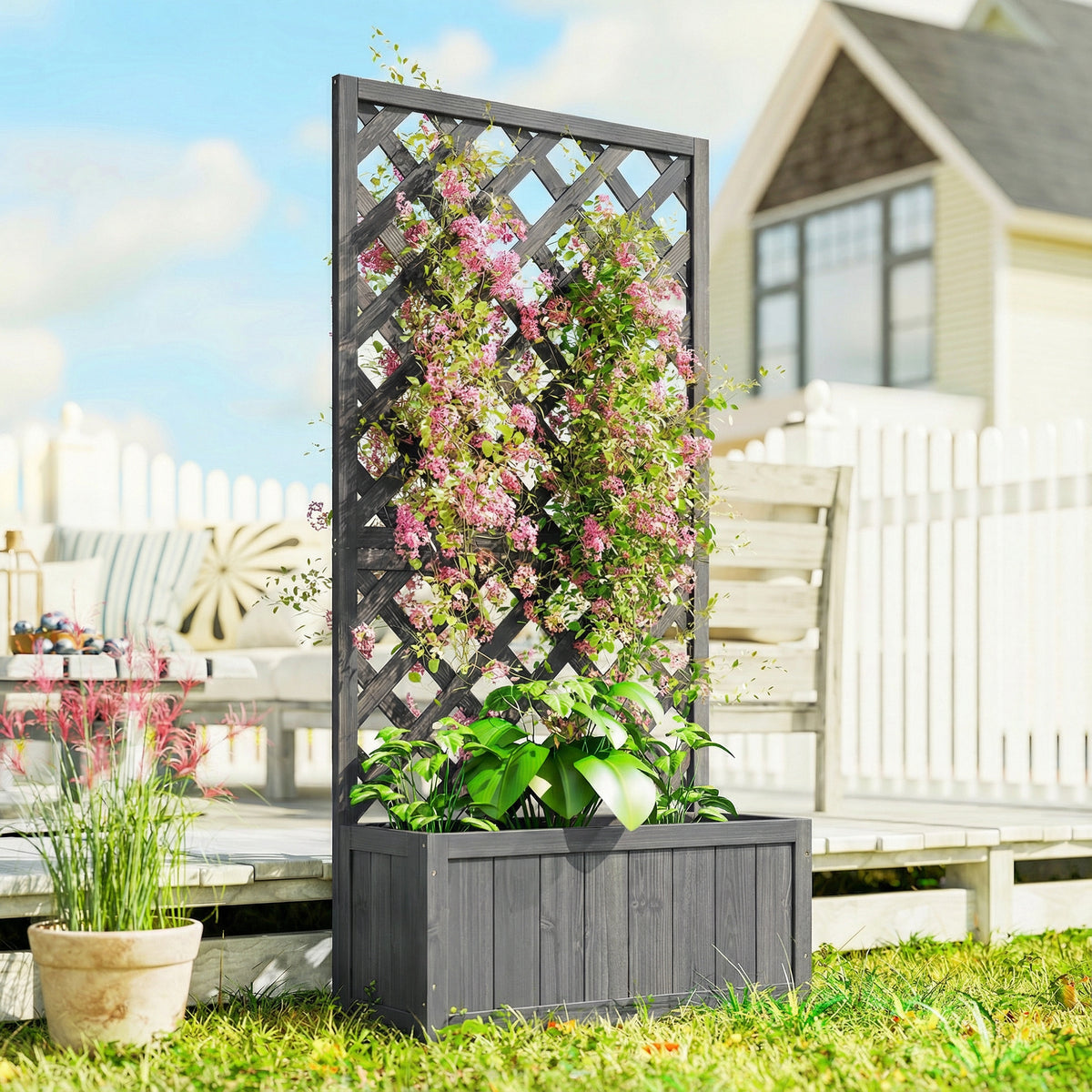 Outsunny Wood Planter with Trellis for Climbing Plants, Raised Bed, Planter Box with Drainage Holes to Grow Herbs Flowers, Grey