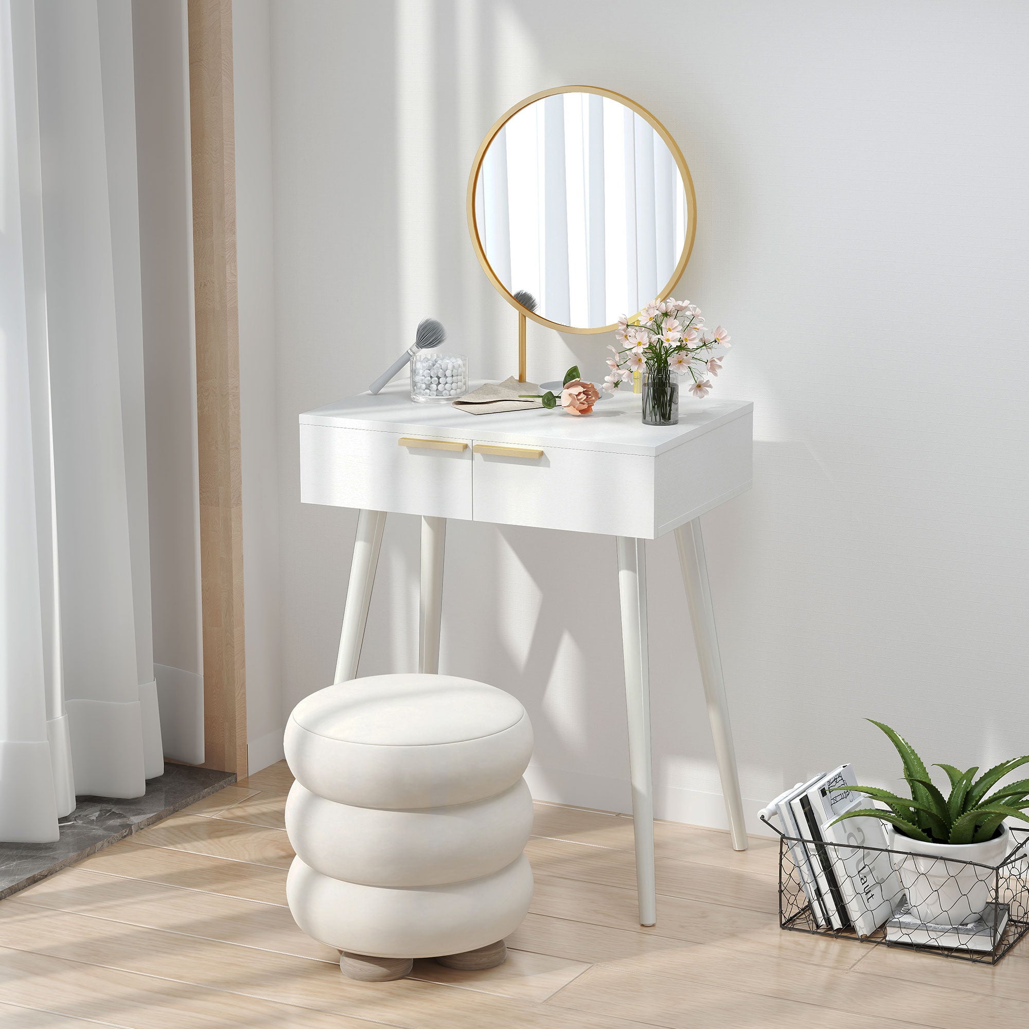 HOMCOM Elegant Dressing Table, with Round Mirror, 60 x 40 x 123 cm - White - North Peak Garden Furniture