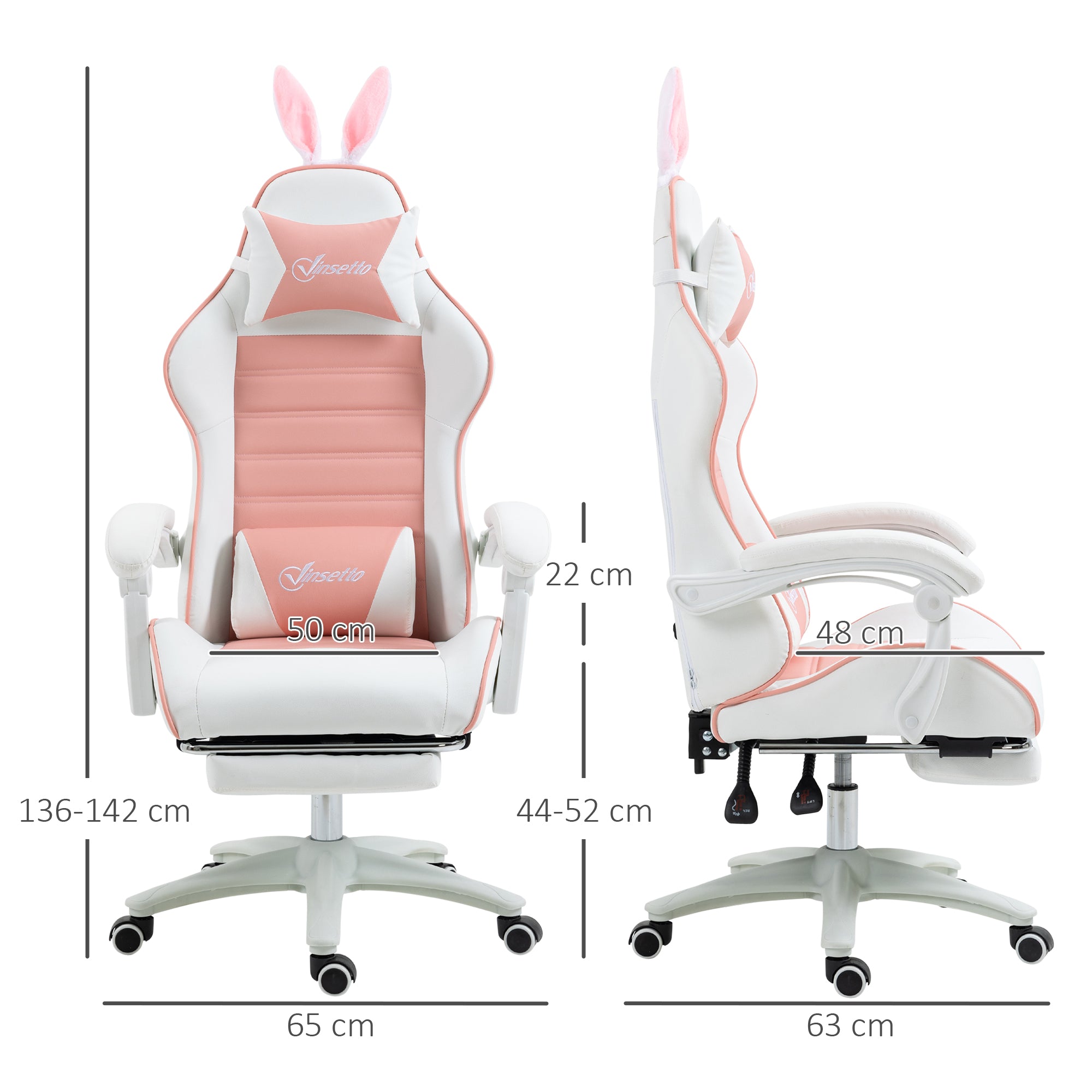 Vinsetto Racing Gaming Chair, Reclining PU Leather Computer Chair with Removable Rabbit Ears, Footrest, Headrest and Lumber Support, Pink - North Peak Garden Furniture