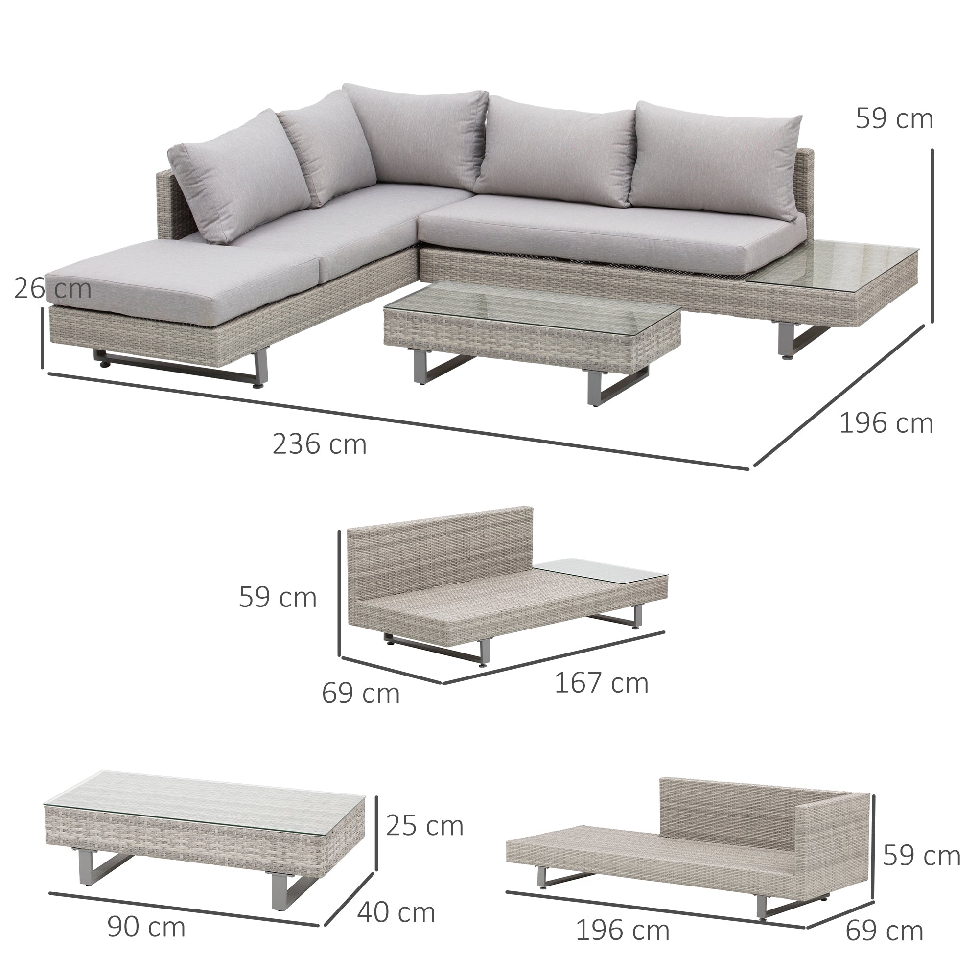 Outsunny 5-Seater Rattan Garden Furniture Wicker Conservatory Corner Sofa Set Chaise Lounge with Coffee Table, Side Table & Cushions – Grey