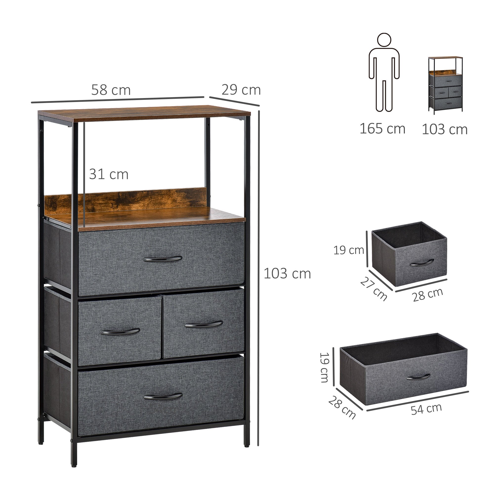 HOMCOM 4 Drawer Storage Chest Unit Home Cabinet w/ Shelves Home Living Room Bedroom Entryway Living Furniture, Black - North Peak Garden Furniture