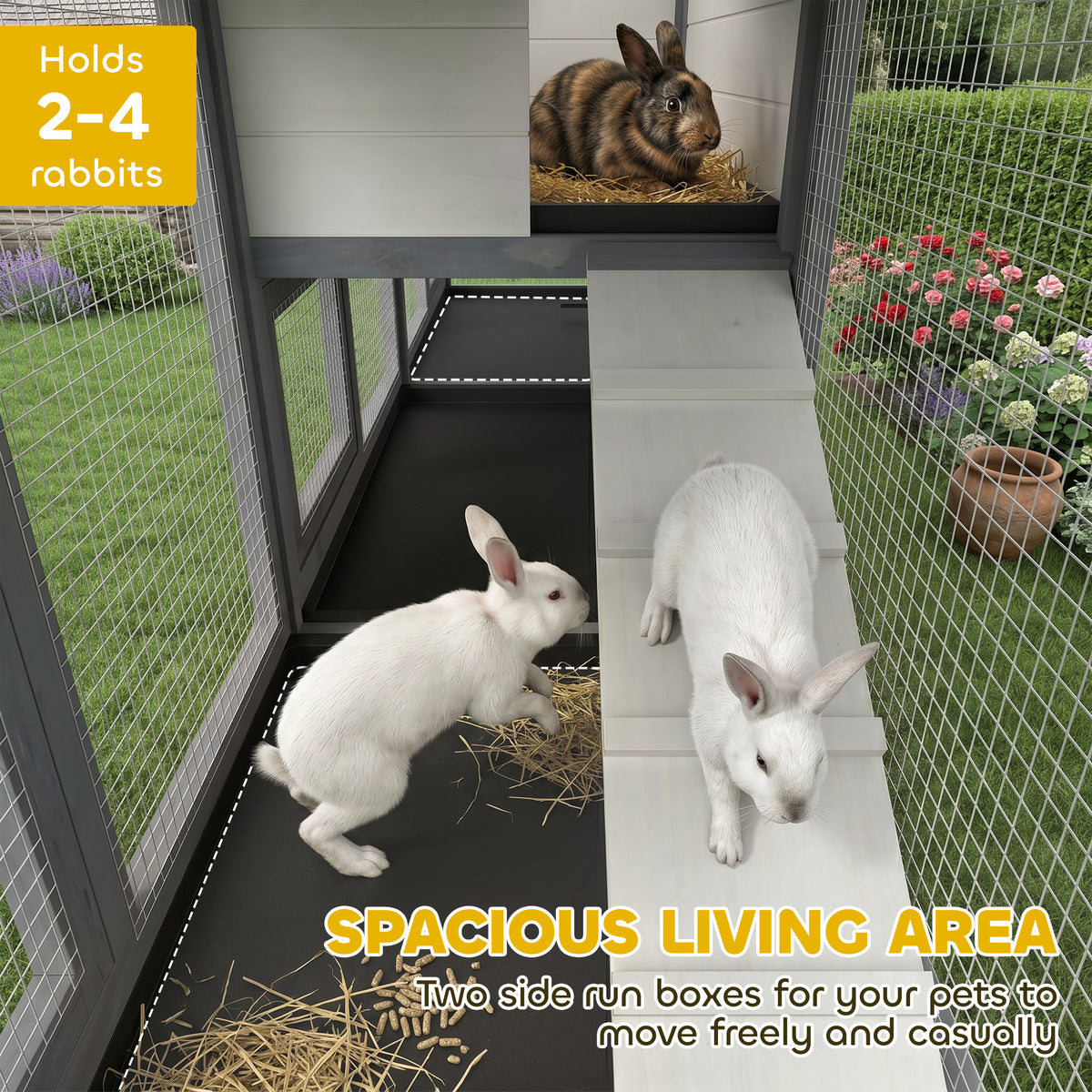 PawHut 2-Tier Large Rabbit Hutch Outdoor with Double Side Run Boxes, No-leak Plastic Tray, Ramp, 230 x 53 x 93.5cm, Light Grey