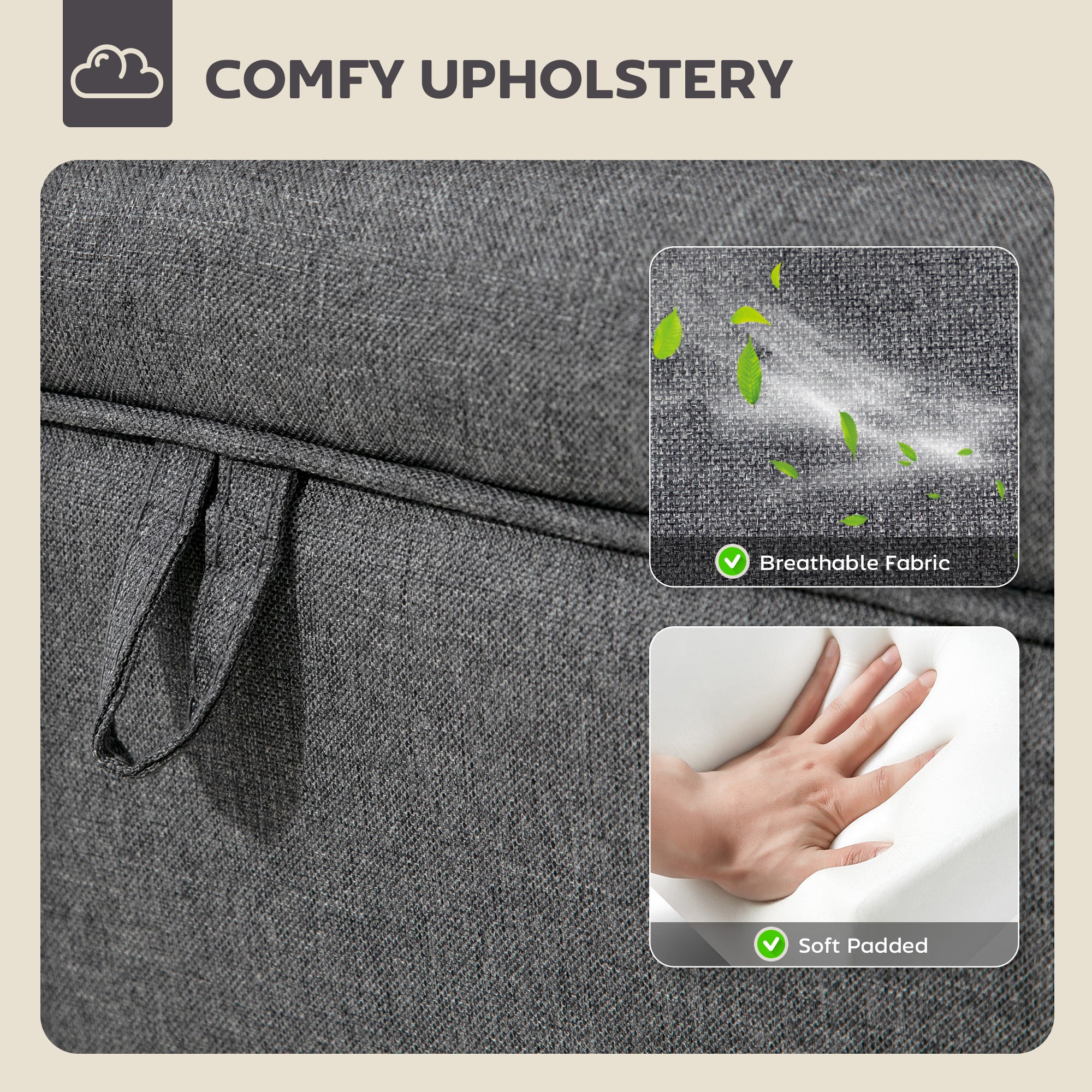 HOMCOM 16L Linen Storage Ottoman Padded Footstool with Rubberwood Legs for Storage Box, Bed End, Shoe Bench, Seating, Charcoal Grey