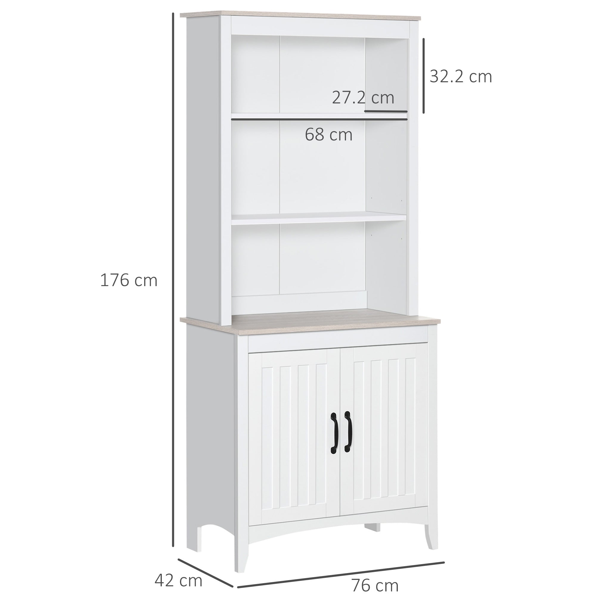 HOMCOM Tall Kitchen Cupboard with 3 Open Shelves and Double Door Cabinet, Free Standing Kitchen Cabinet with Adjustable Shelves for Dining Room, Living Room, White