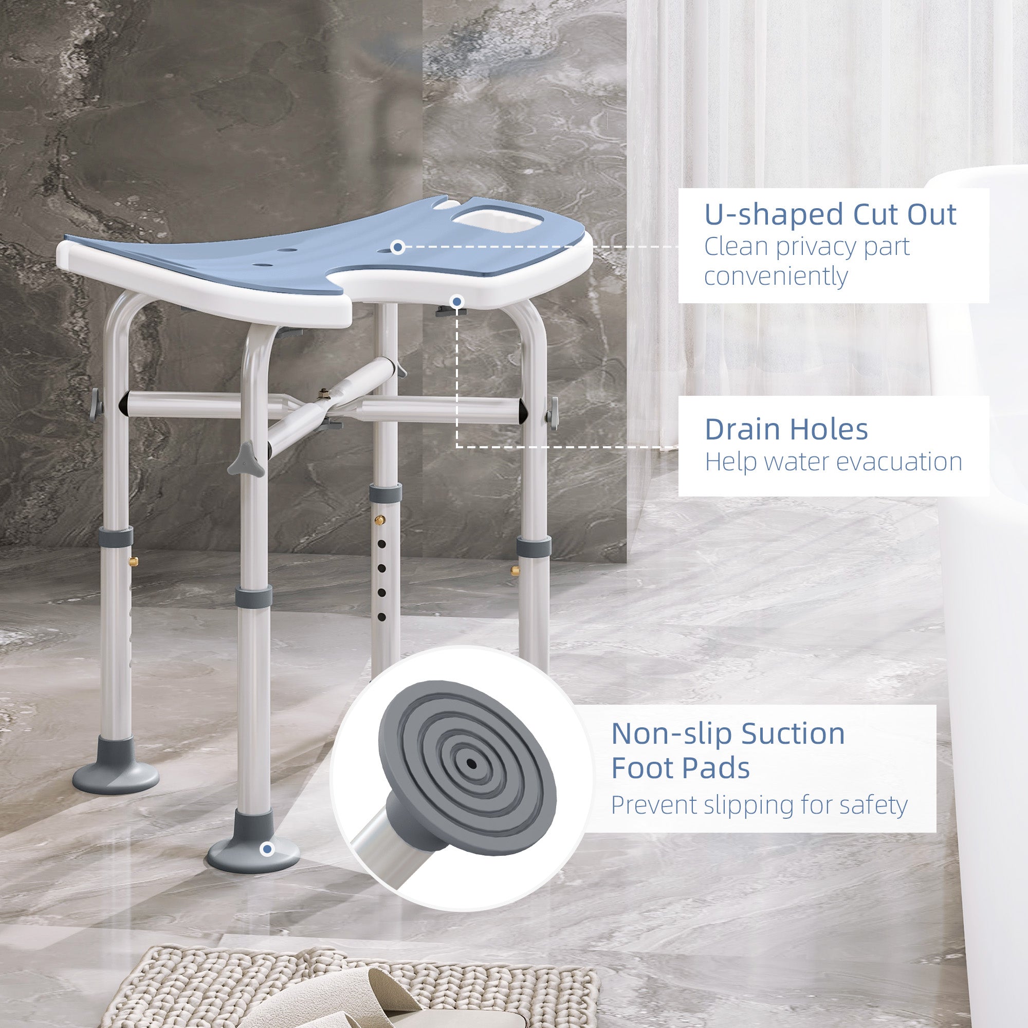 HOMCOM 39-51.5cm 'U' Seat Padded Shower Stool - Light Blue - North Peak Garden Furniture