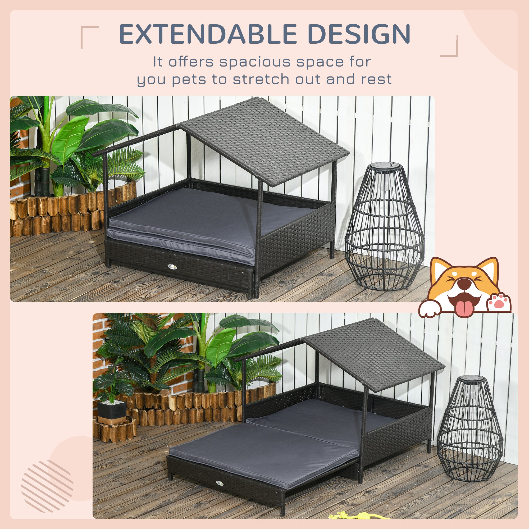 PawHut Extendable Elevated Dog Bed, Rattan Dog House w/ Water-Resistant Roof, Removable Cushion, for Small, Medium Dogs - Grey - North Peak Garden Furniture