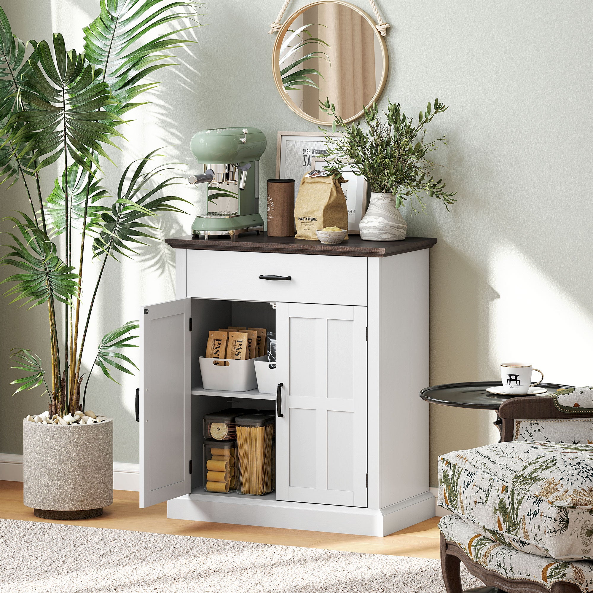 HOMCOM Farmhouse Sideboard with 3 cm Thick Top 2 Barn Doors - White - North Peak Garden Furniture