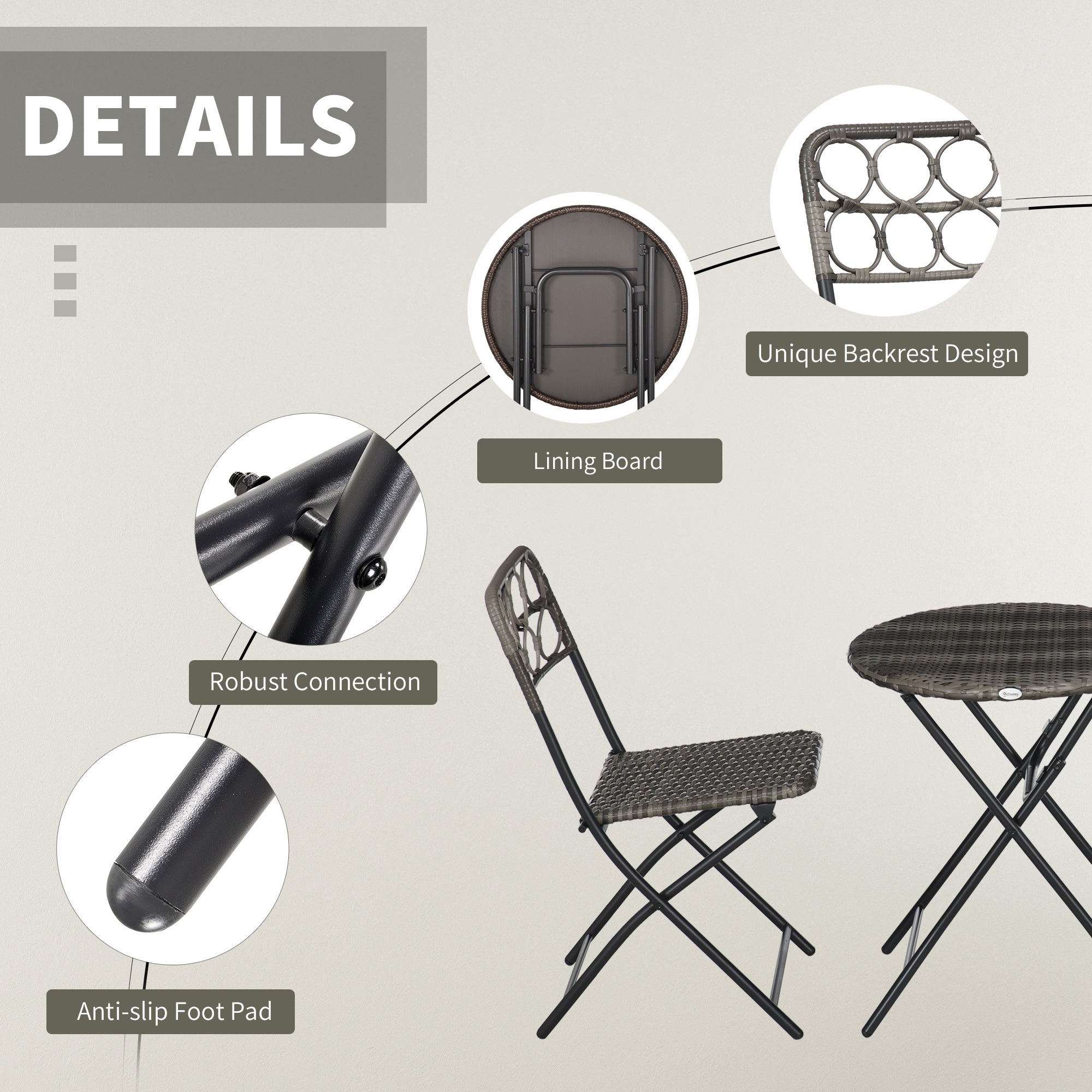 Outsunny 3 Pieces Rattan Bistro Set, Wicker Folding Garden Furniture Set with Coffee Table and Chairs for Outdoor, Patio, Balcony, Grey - North Peak Garden Furniture