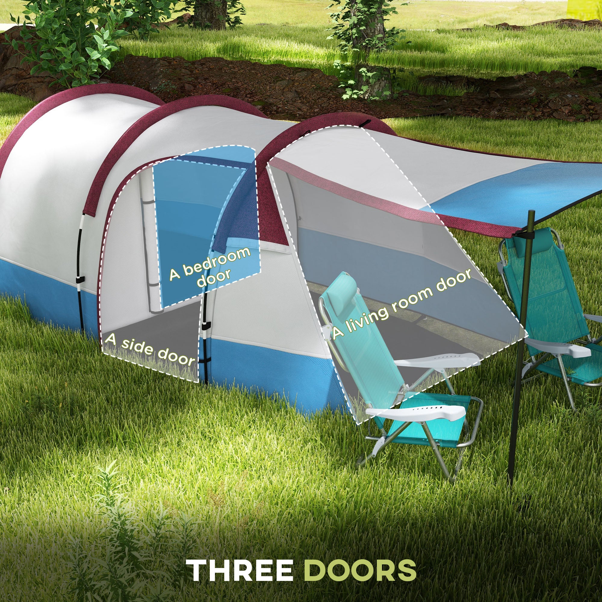Outsunny Camping Tent, Large Tunnel Tent with Bedroom and Living Area, 2000mm Waterproof, Portable with Bag for 2-3 Man, Red - North Peak Garden Furniture