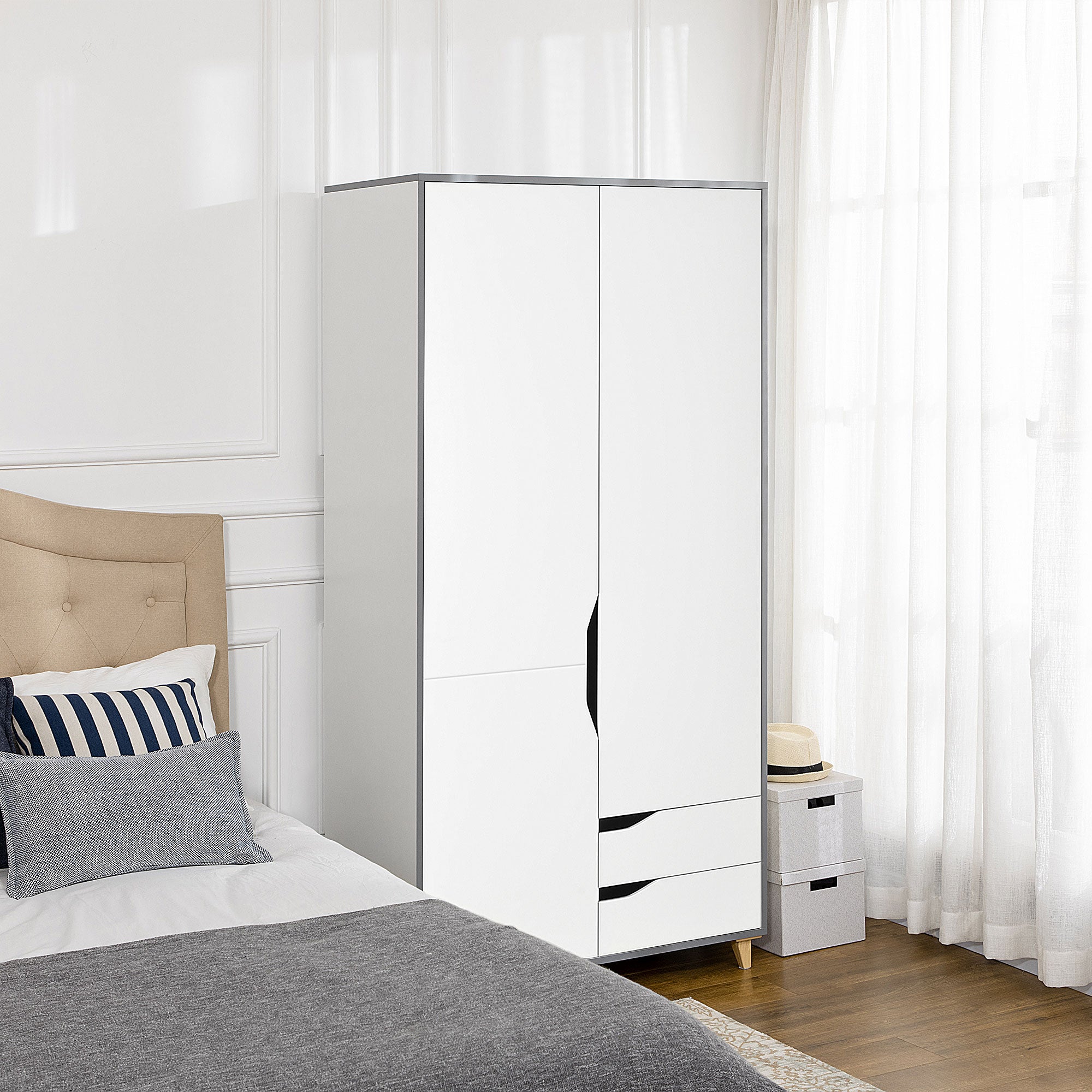 HOMCOM Wardrobe with 2 Doors, 2 Drawers, Hanging Rail, Shelves for Bedroom Clothes Storage Organiser, 89x50x185cm, White - North Peak Garden Furniture