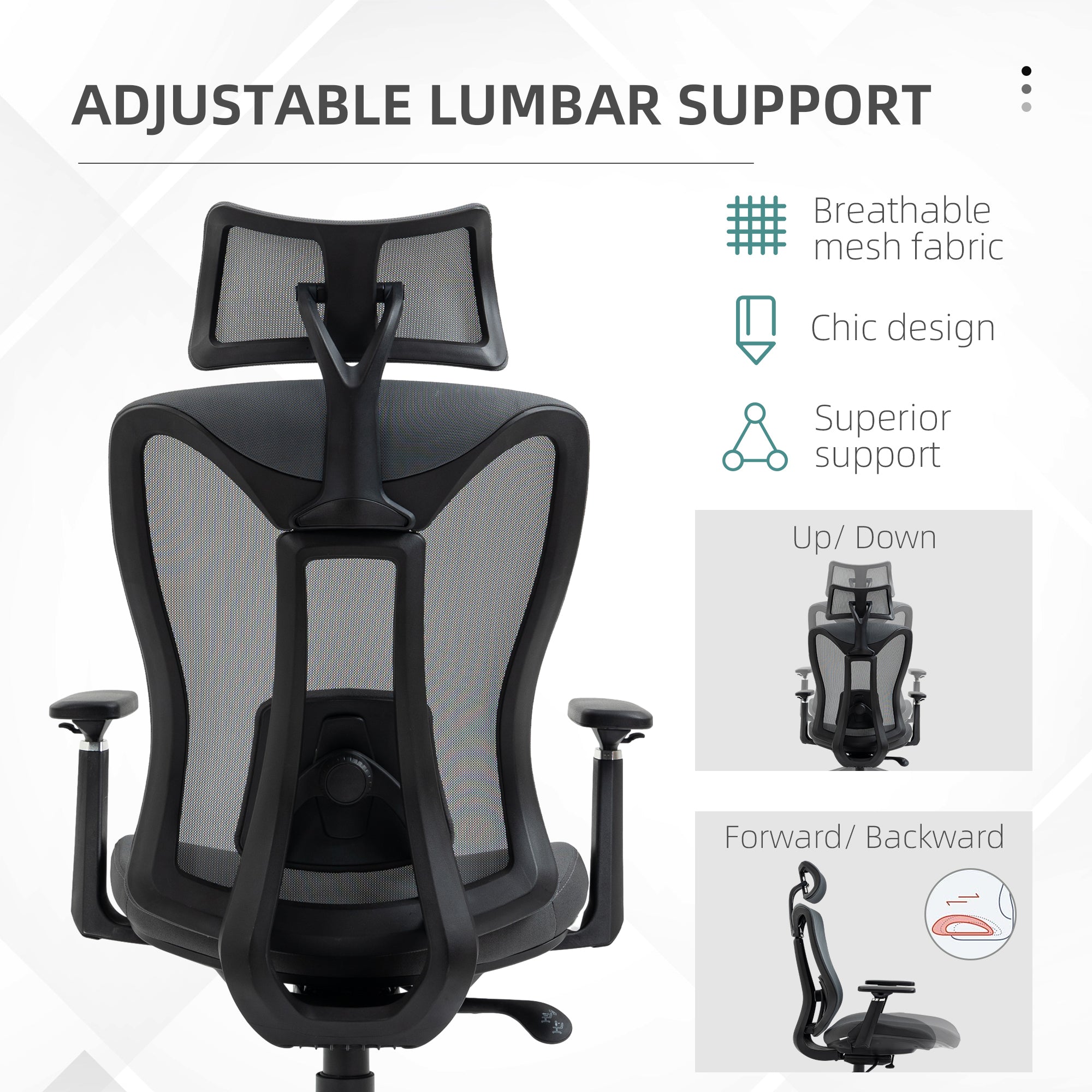 Vinsetto Mesh Office Chair, Ergonomic Desk Chair, Computer Chair with Adjustable Headrest and Lumbar Support, 135° Reclining Back and 3D Armrest for Home Office Study, Grey - North Peak Garden Furniture