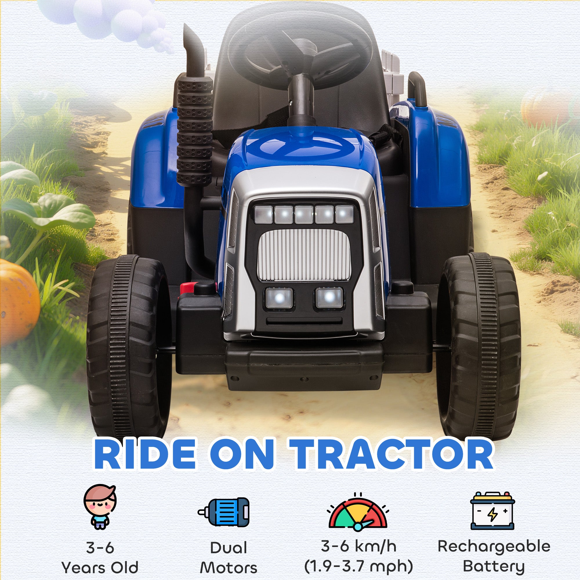 HOMCOM Ride On Tractor, Battery Powered Electric Car, with Detachable Trailer, Remote Control, Music - Blue