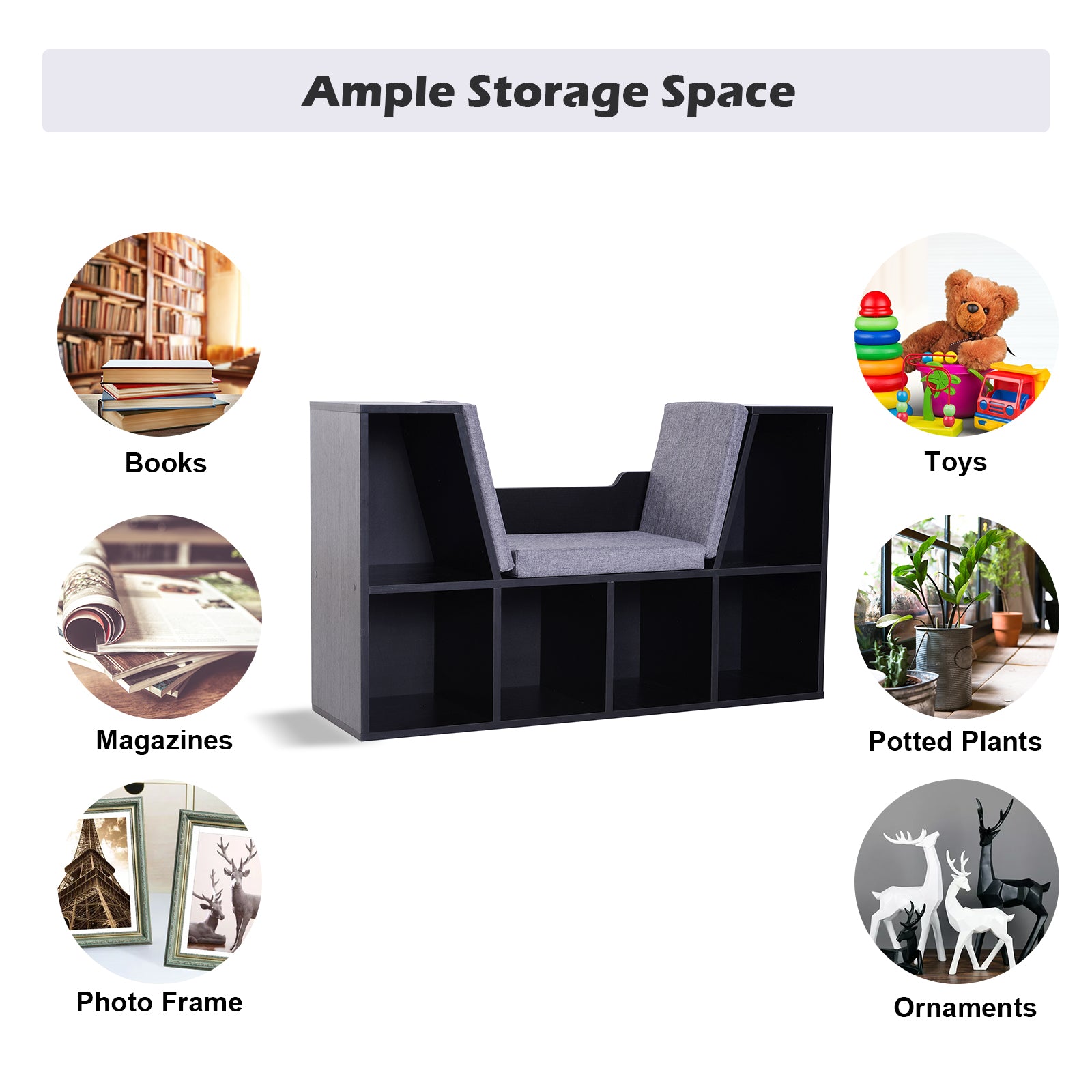 HOMCOM Bookcase Storage Shelf with Cushioned Reading Seat, Cube Bookshelf Organizer for Bedroom Living Room, Black - North Peak Garden Furniture