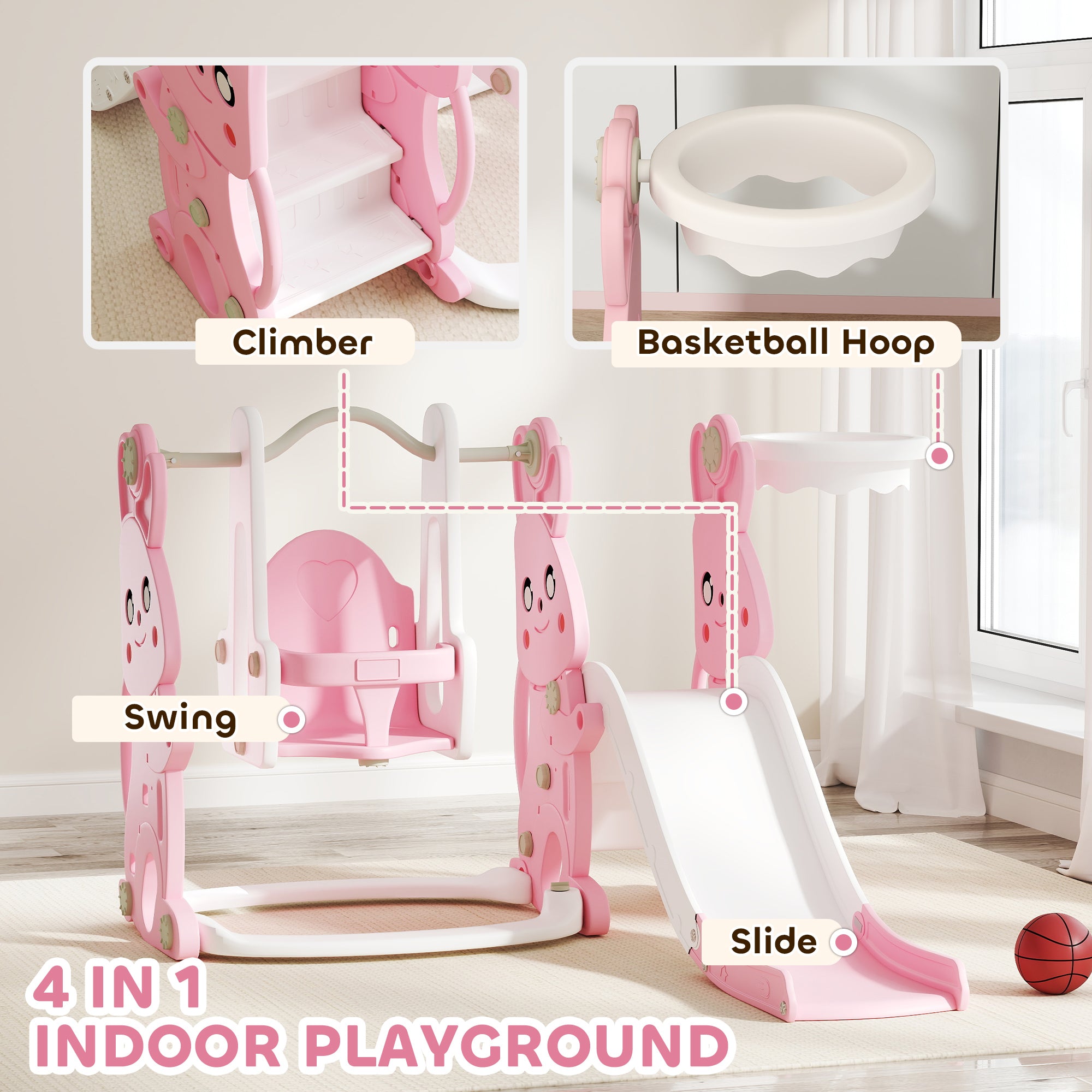 AIYAPLAY 4 in 1 Kids Slide and Swing Set with Climber, Basketball Hoop, Rabbit-Themed, Pink - North Peak Garden Furniture