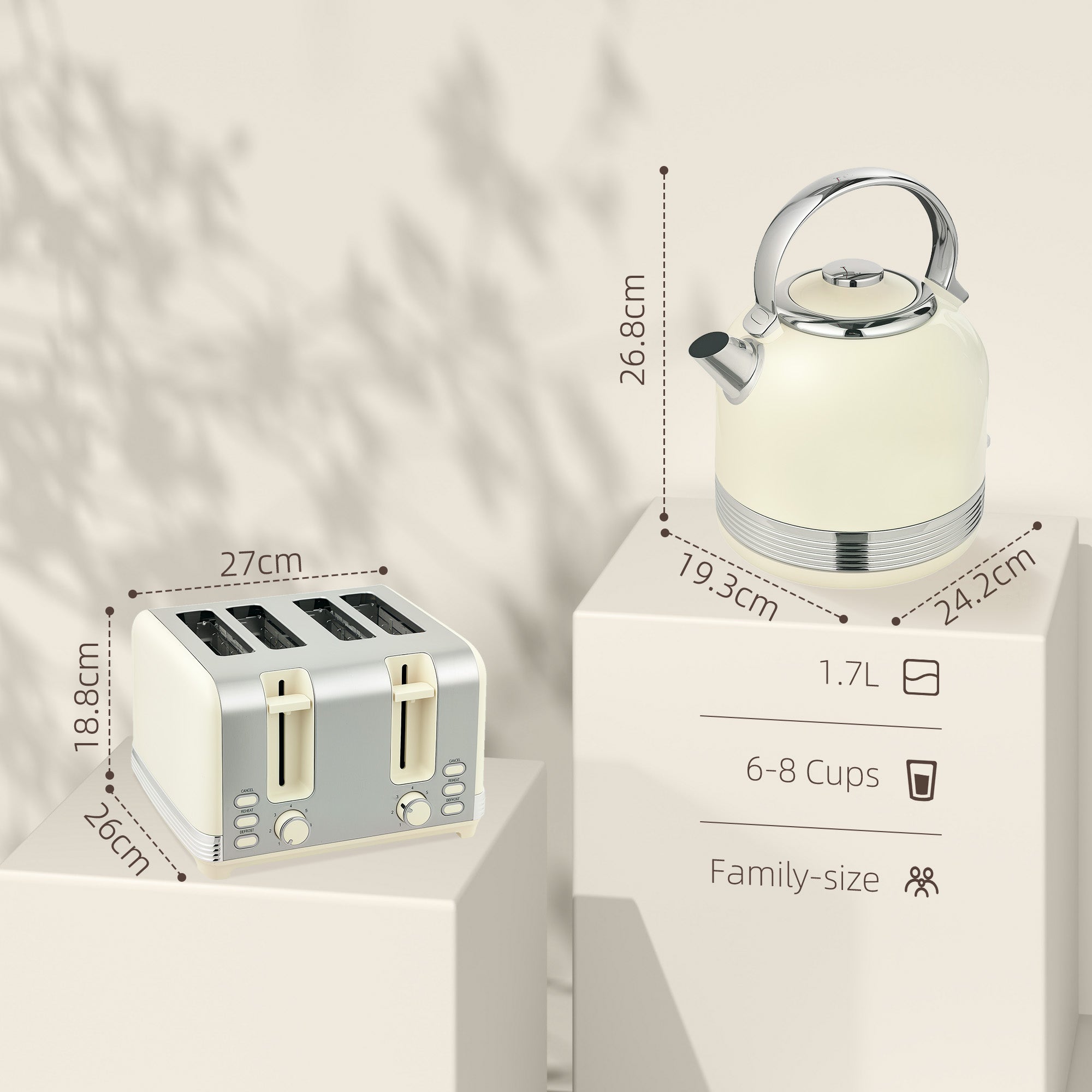 HOMCOM Polished Metal Kettle and Toaster Set - Cream - North Peak Garden Furniture