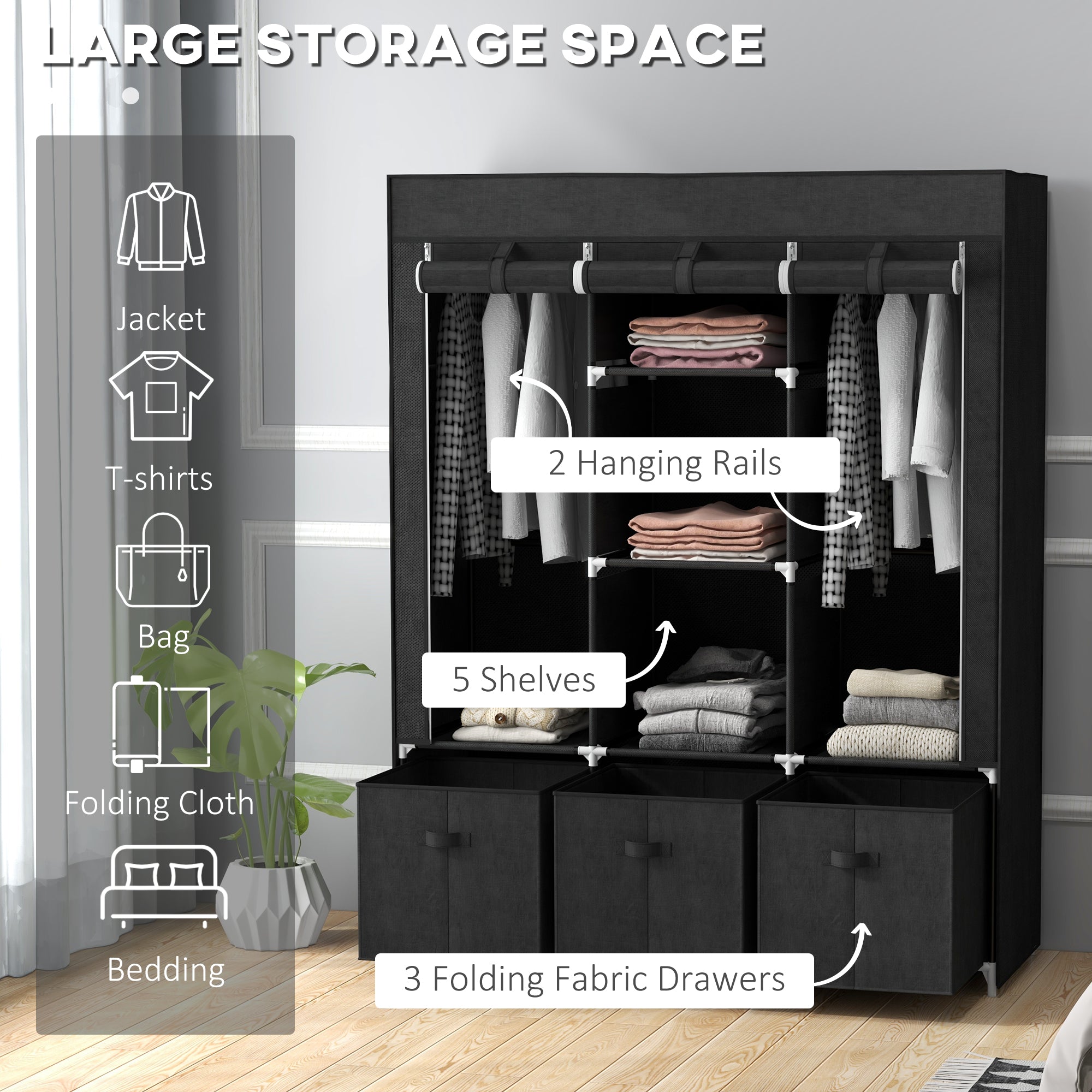 HOMCOM Foldable Fabric Wardrobe for Bedroom, Portable Wardrobe with 5 Shelves, 2 Hanging Rails and 3 Fabric Drawers, Black