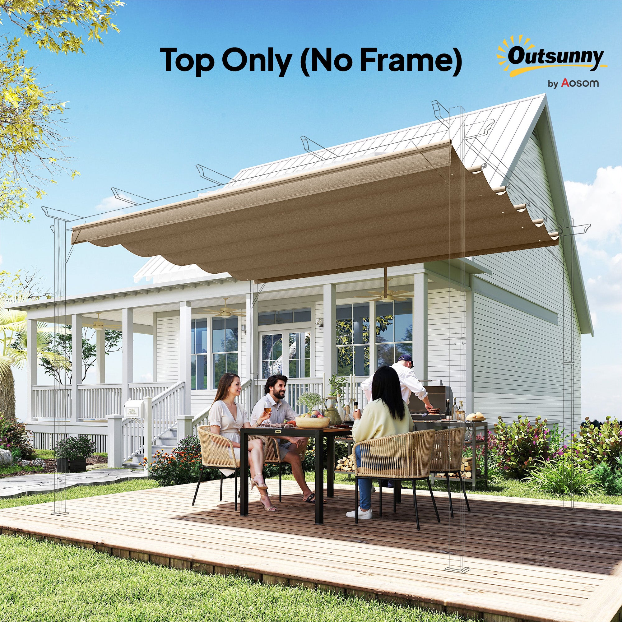Outsunny Retractable Pergola Shade Cover, Replacement Canopy Fabric for 3 x 3 (m) Pergola, Gazebo Retractable Roof, Tan