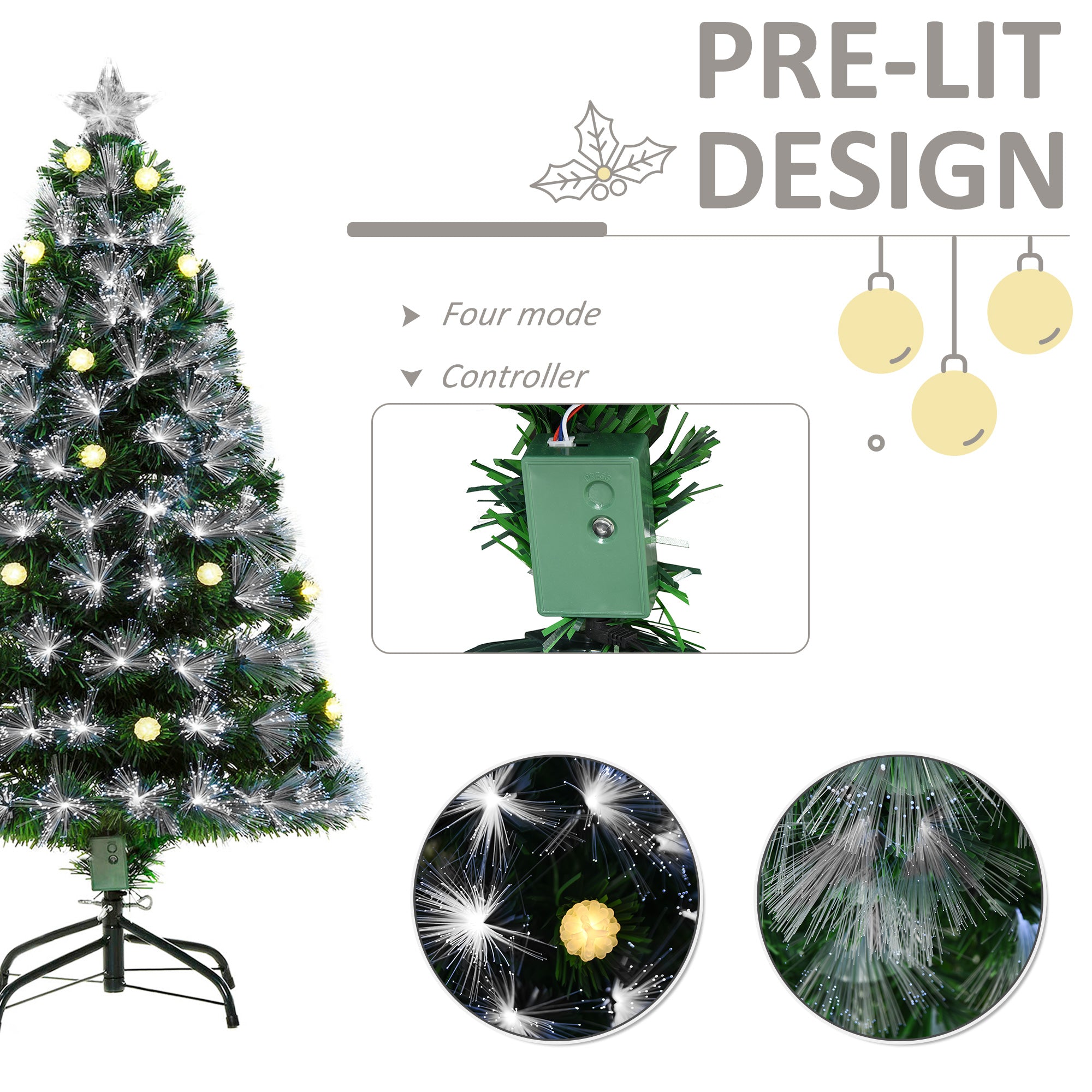 HOMCOM 4ft White Light Artificial Christmas Tree w/ 130 LEDs Star Topper Tri-Base Full Bodied Seasonal Decoration Pre-Lit Home - North Peak Garden Furniture
