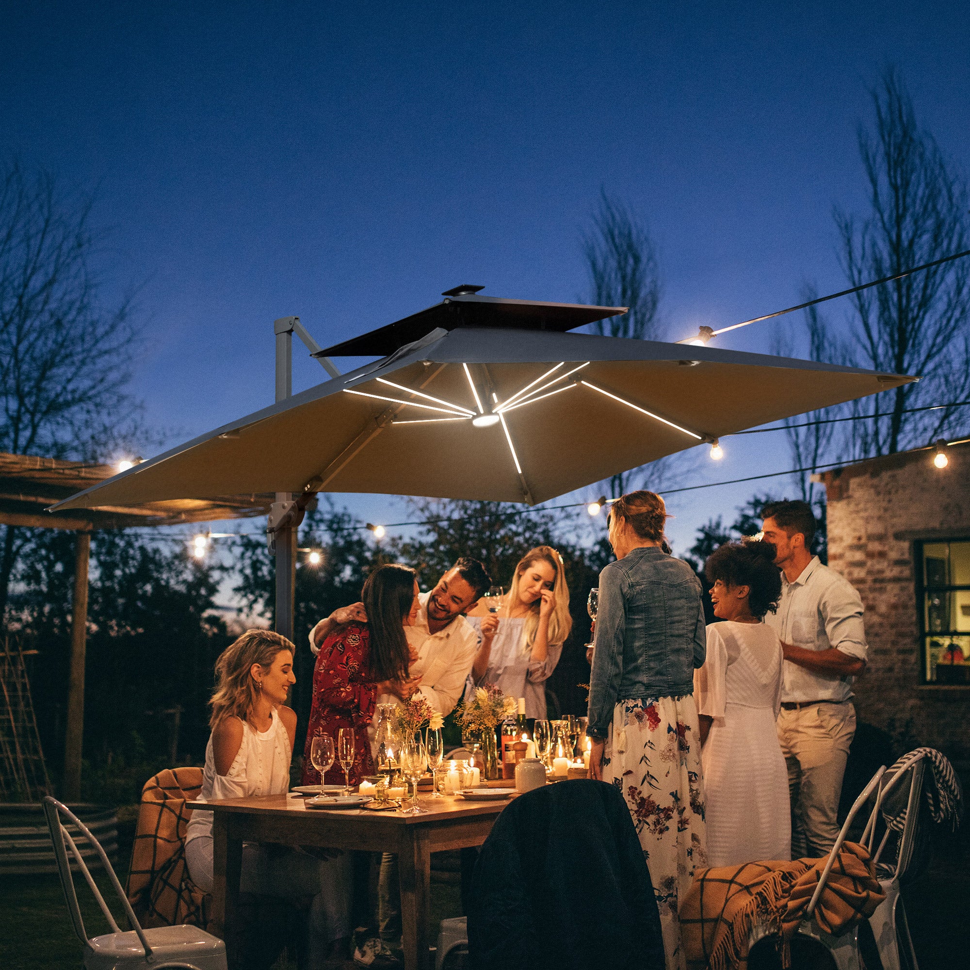 Outsunny 3m Cantilever Parasol, Outdoor Offset Patio Umbrella, Solar LED Lighted Hanging Sun Shade Canopy with Tilt and Crank Handle, Cross Base for Lawn, Beach and Poolside, Grey - North Peak Garden Furniture