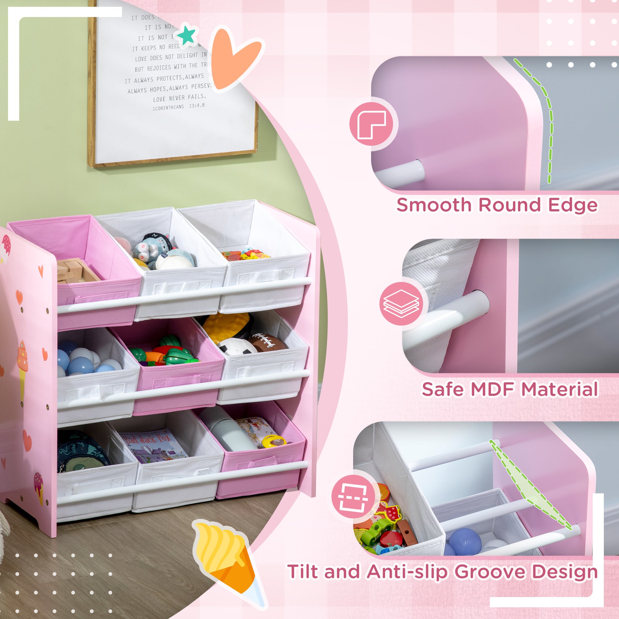 ZONEKIZ Kids Storage Rack, with Nine Removable Baskets, for Nursery, Bedroom, Playroom - Pink - North Peak Garden Furniture