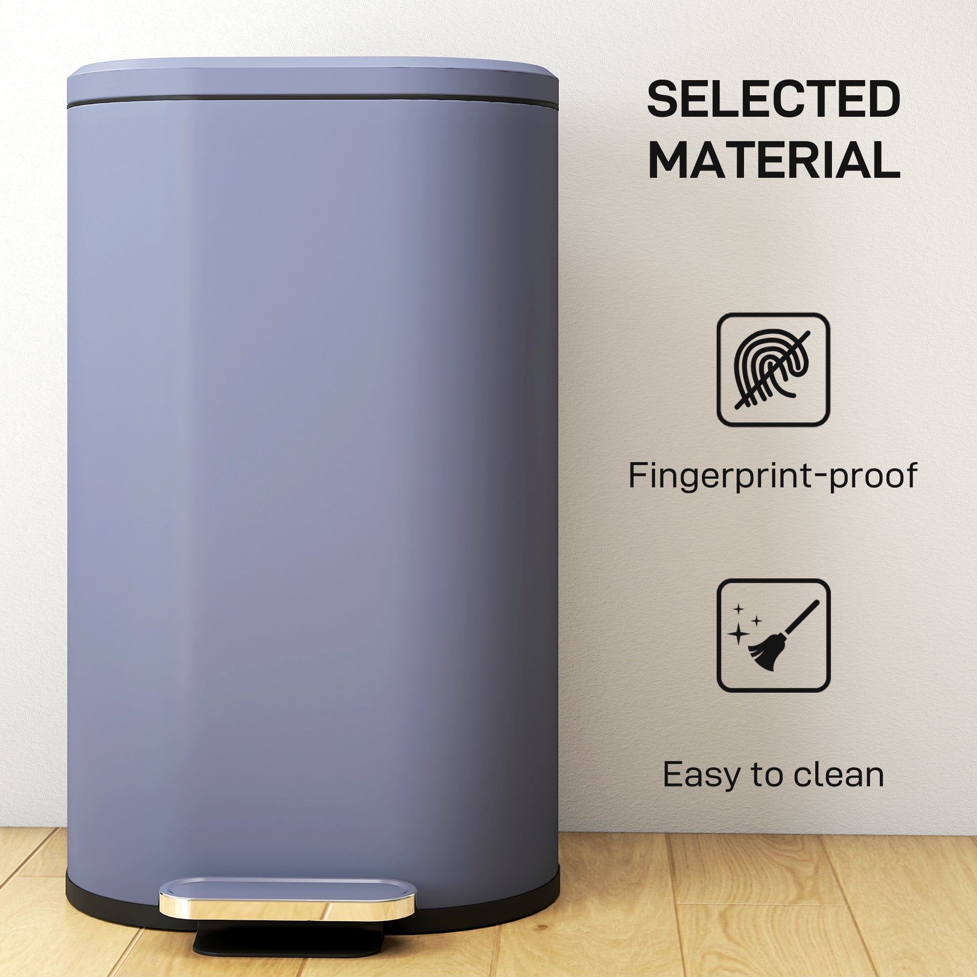 HOMCOM 30L Kitchen Bin with 90° Stay-Open Lid, Slim Rectangular Pedal Bin with Soft-Close Lid, Removable Inner Bucket for Home Office, Fingerprint-Resistant, Grey
