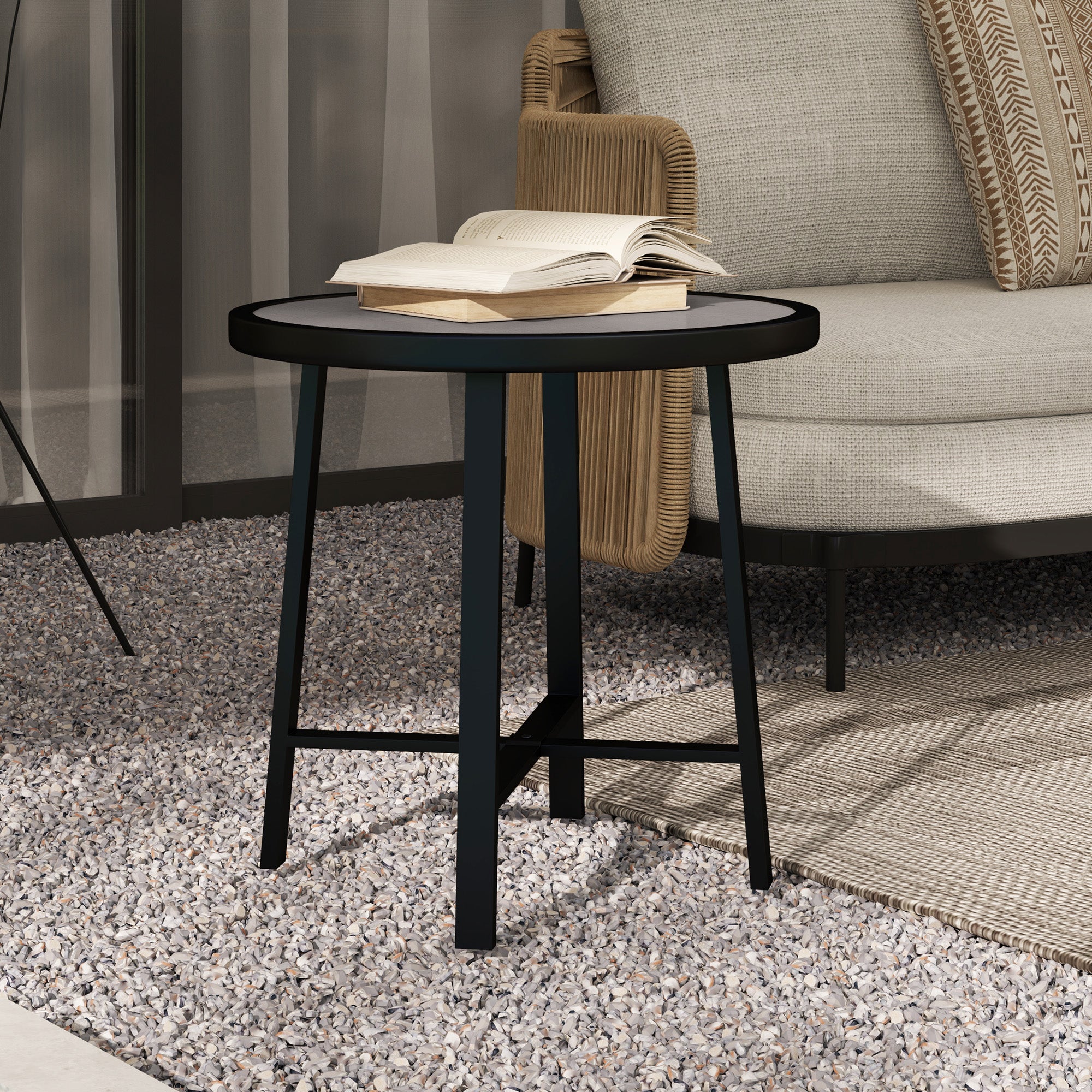 Outsunny Round Small Garden Table, 50.5cm Outdoor Side Table with SPC Tabletop, Metal Frame and Anti-slip Foot Pads for Garden, Balcony, Grey Wood Effect - North Peak Garden Furniture