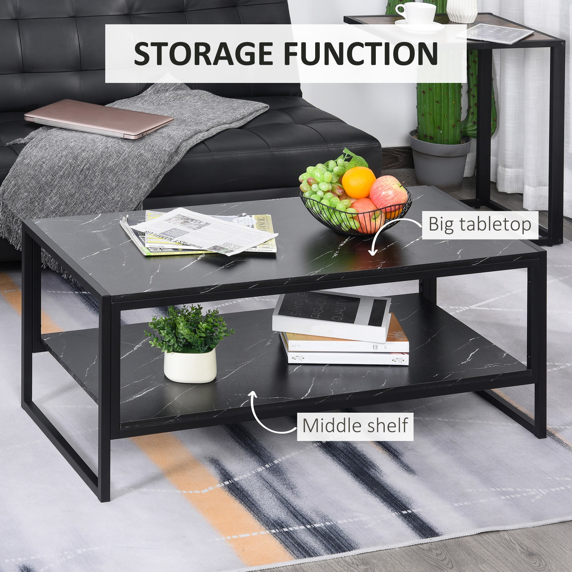 HOMCOM Coffee Table, Two-Tier Marble Centre Table with Metal Frame and Storage Shelf for Living Room, 106 x 50 x 45cm, Black - North Peak Garden Furniture