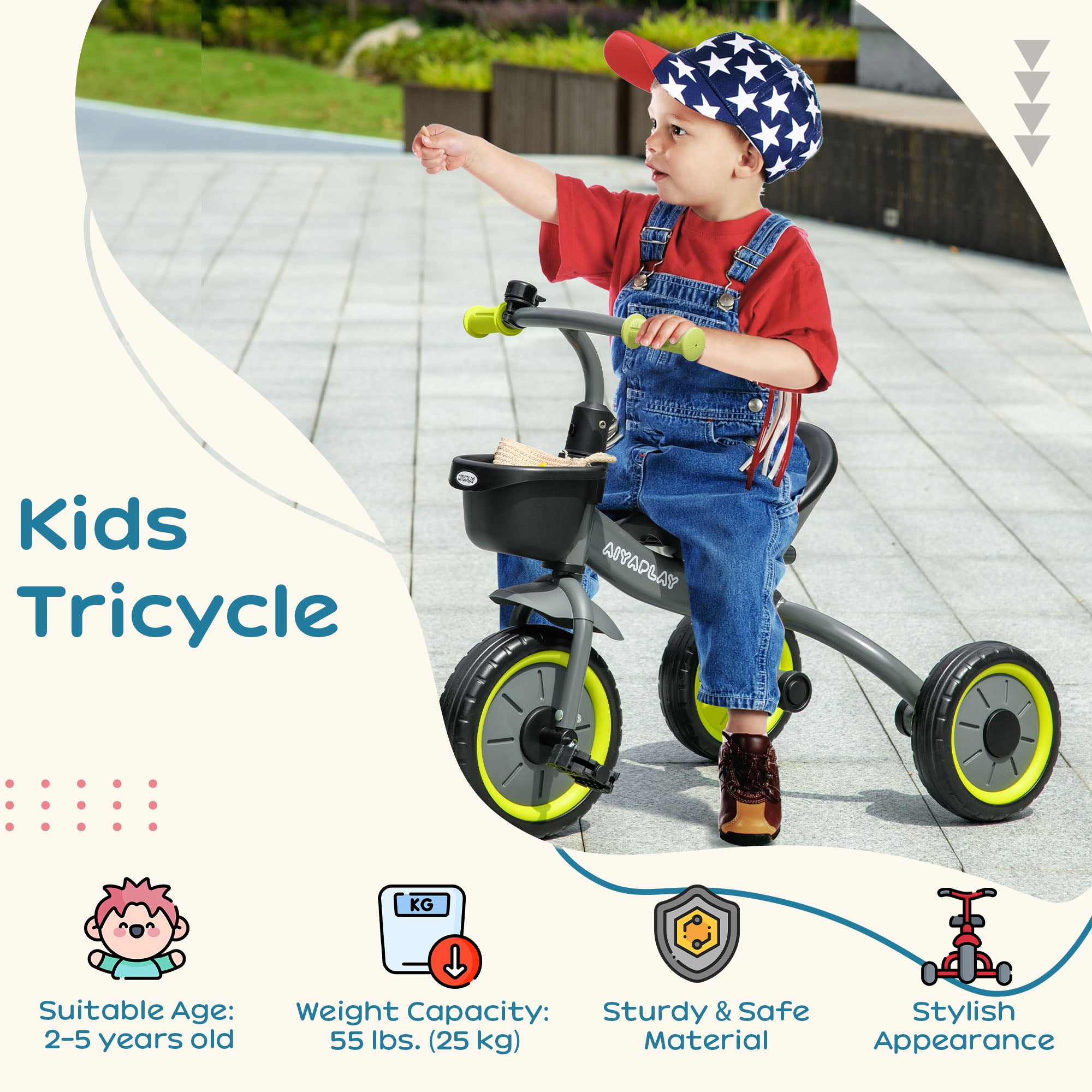 AIYAPLAY Kids Trike, Tricycle, with Adjustable Seat, Basket, Bell, for Ages 2-5 Years - Black - North Peak Garden Furniture