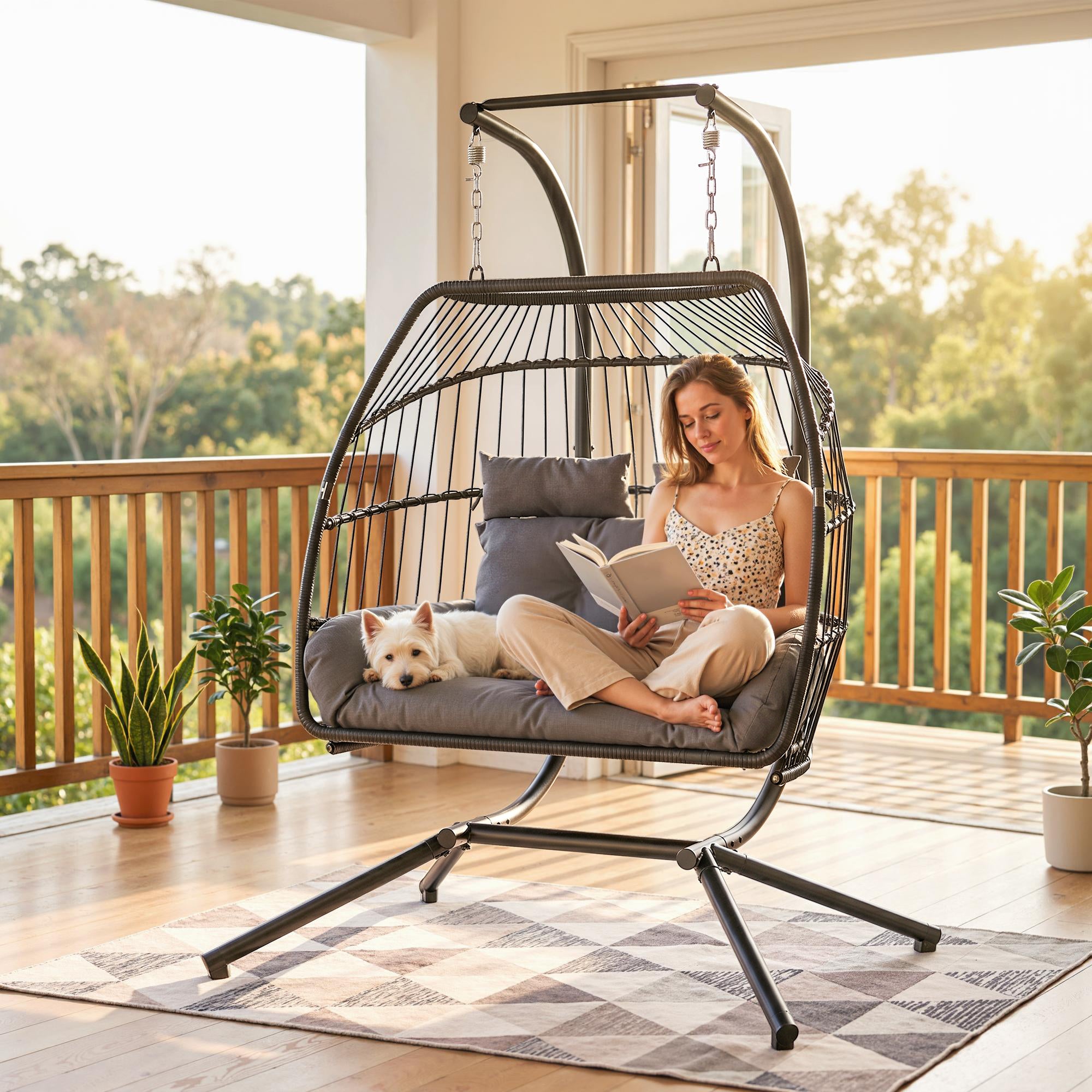 Outsunny Rattan Double Hanging Egg Chair with Stand, Foldable Wicker Swing Egg Chair with Cushion, Head Pillows, Steel Frame, Hammock Chair for Indoor Outdoor, Capacity 260 kg, Dark Grey