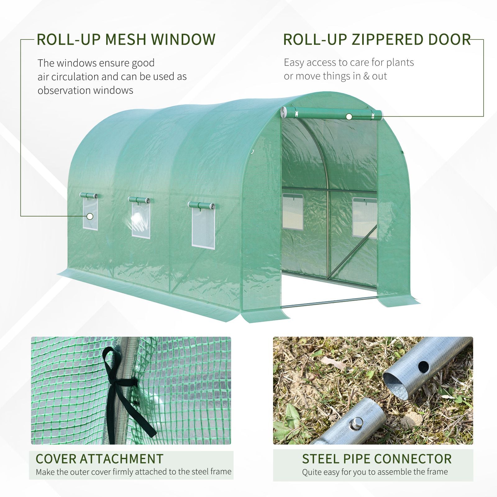 Outsunny 4L x 2W x 2H M Greenhouse Walk-in Polytunnel Outdoor Garden Flower Vegetable Planter 25mm Diameter Galvanised Steel Frame with Zipped Door