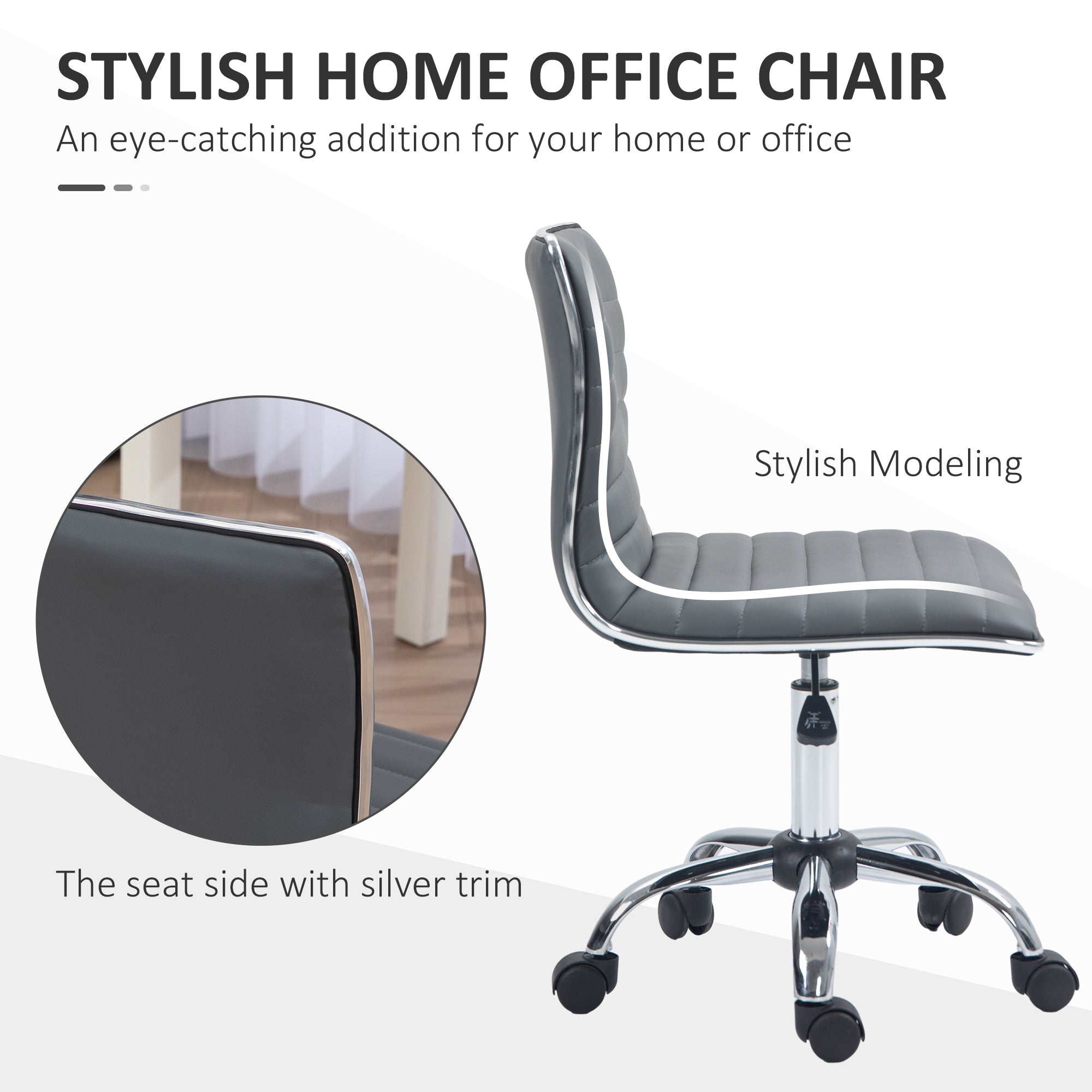 HOMCOM Adjustable Swivel Office Chair with Armless Mid-Back in PU Leather and Chrome Base - Dark Grey - North Peak Garden Furniture