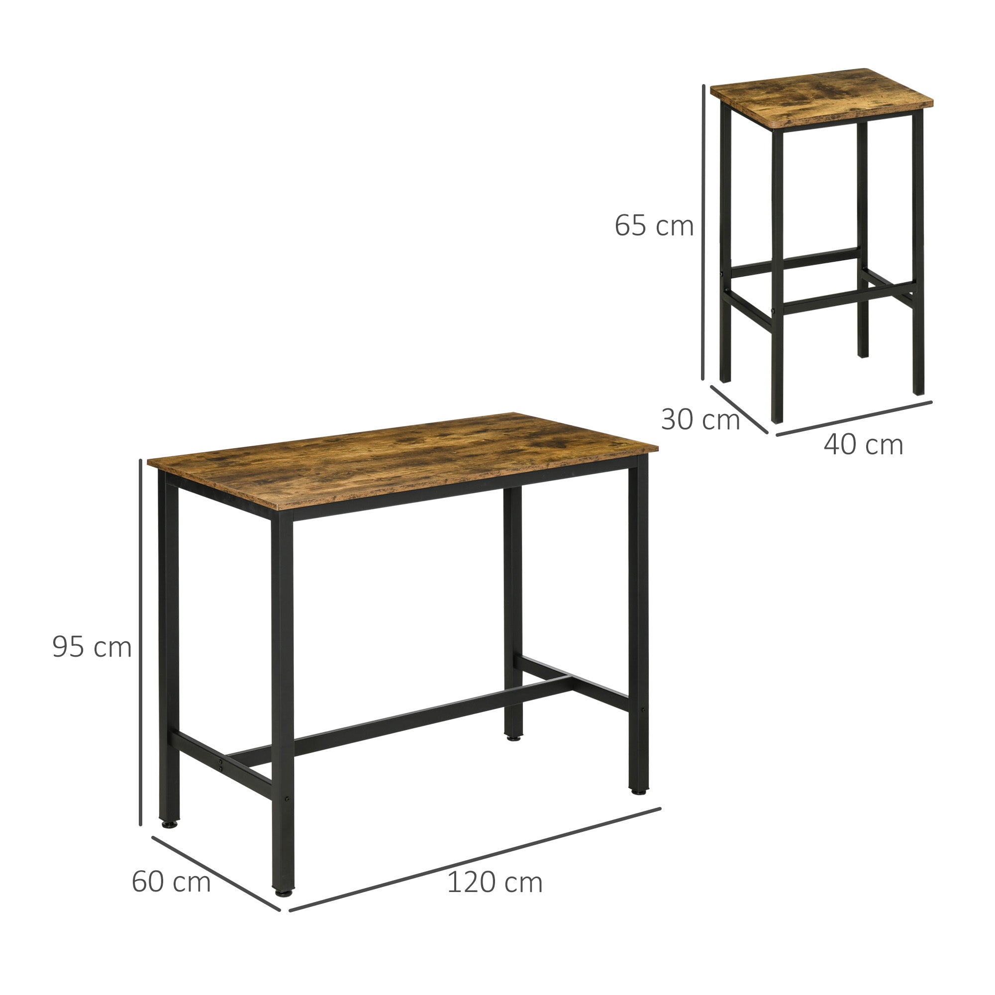 HOMCOM Industrial Bar Table Set, Breakfast Table with 2 Stools, 3-Piece Counter Height Dining Table & Chairs for Kitchen, Living Room, Rustic Brown - North Peak Garden Furniture