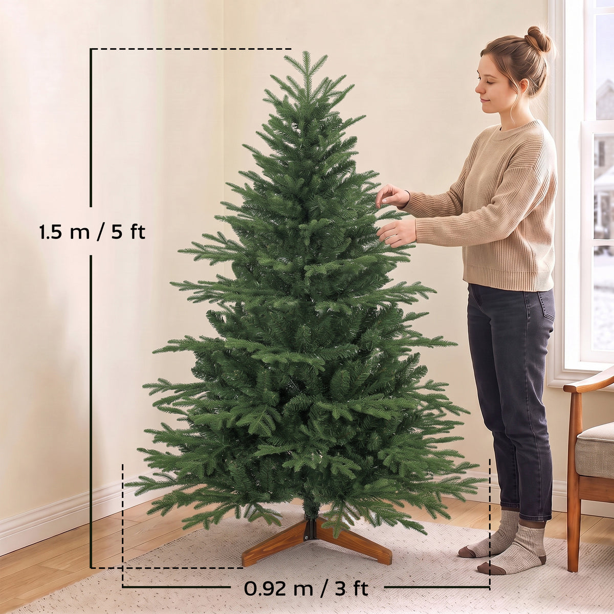 HOMCOM 150cm Artificial Christmas Tree Full Hinged Xmas Tree Solid Pine Wood Stand, Green