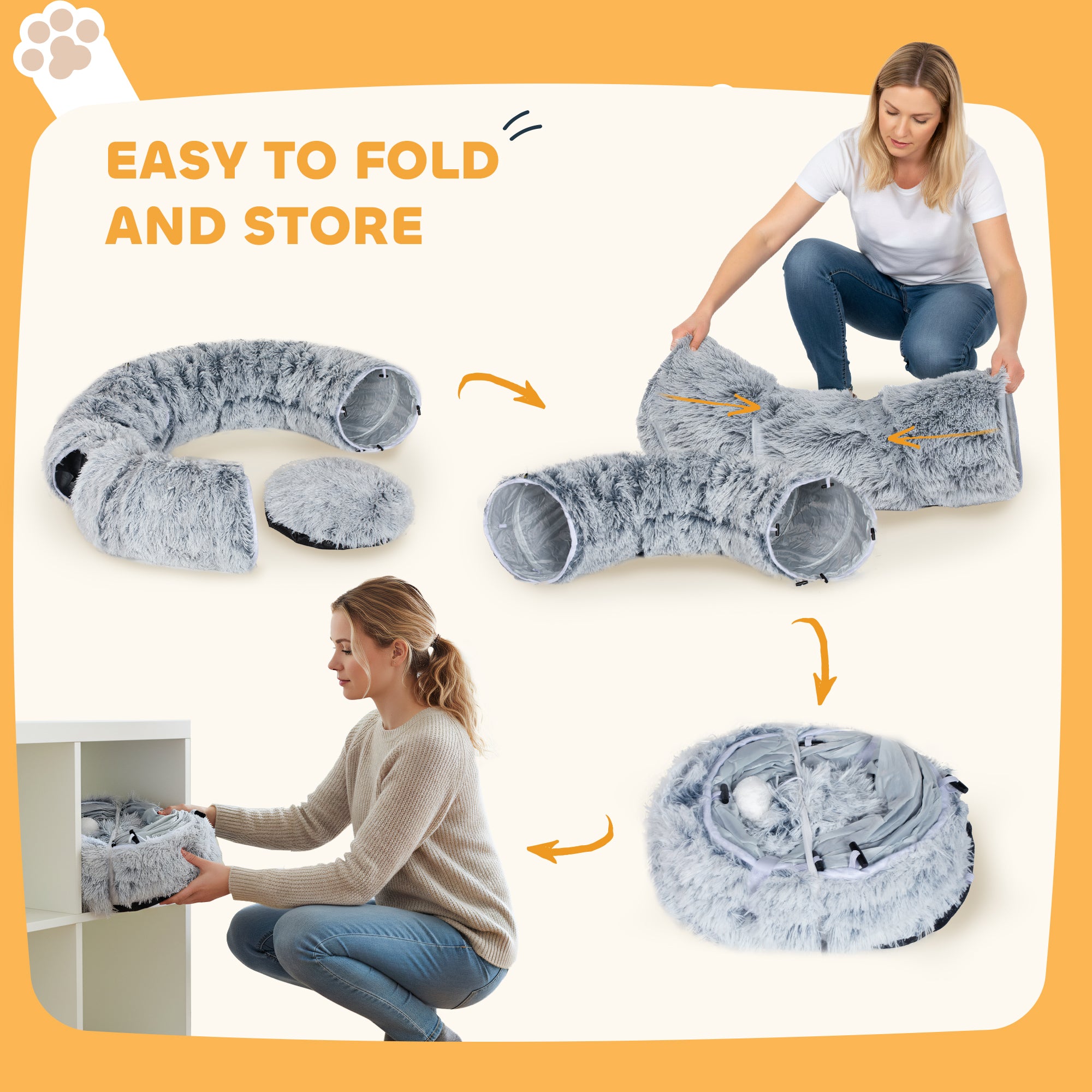 PawHut 2-in-1 Donut Cat Tunnel with Washable Bed, Play Tunnel Bed with Toy Ball and Door Hole for Indoor Cats, Light Grey