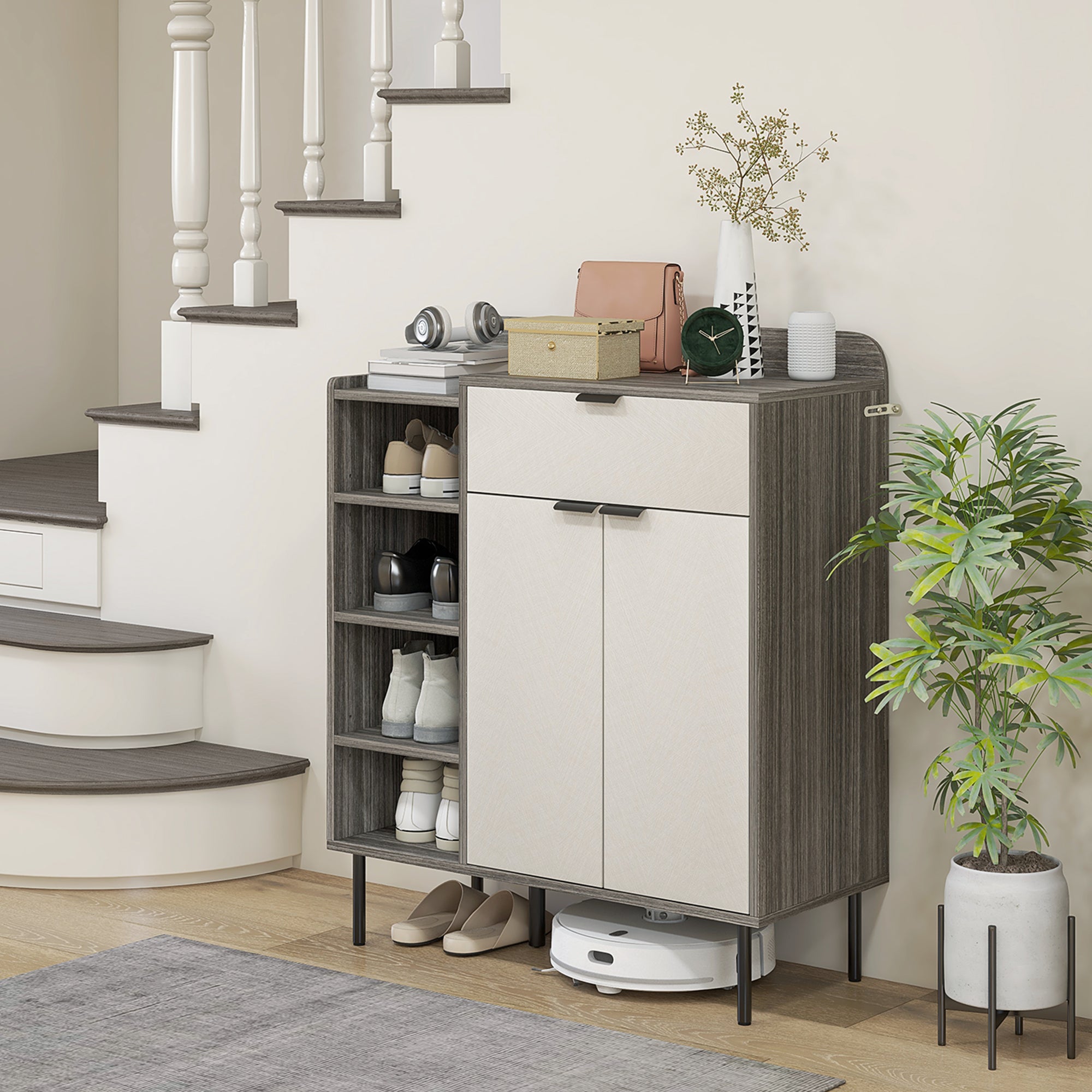 HOMCOM Modern and Minimal 12 Shoe Storage Cabinet - Grey/White - North Peak Garden Furniture