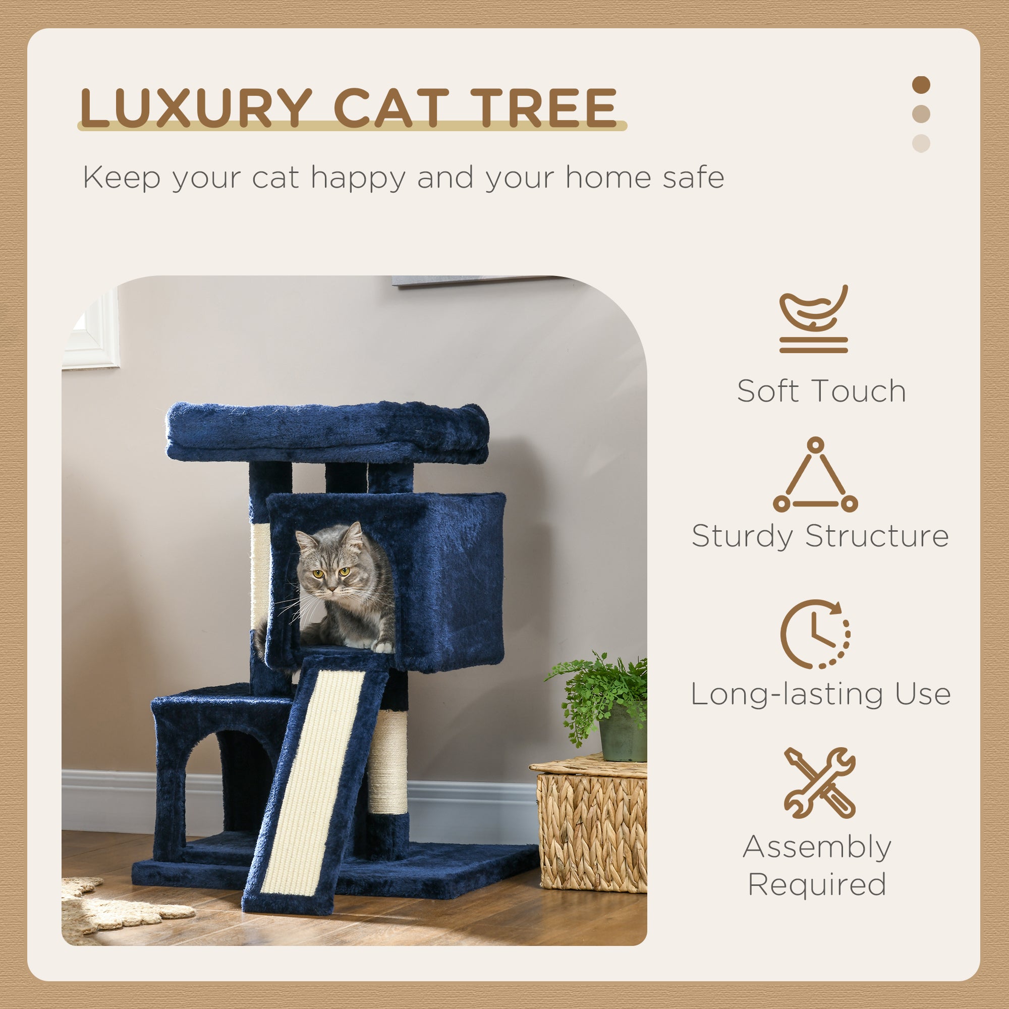 PawHut Sisal Cat Rest & Play Activity Tree w/ 2 House Navy Blue - North Peak Garden Furniture