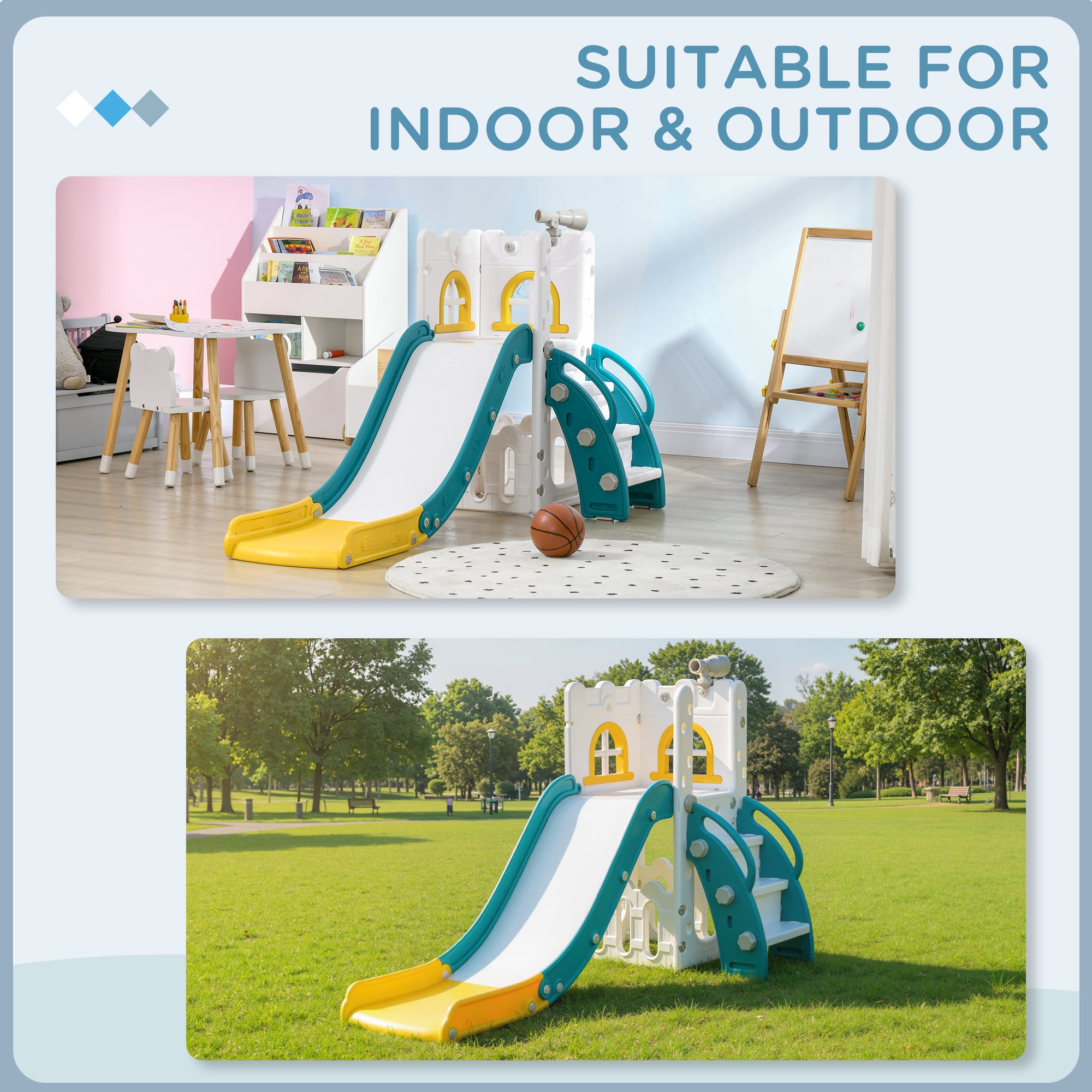 AIYAPLAY 4 in 1 Toddler Slide with Basketball Hoop, Climber, Telescope, Storage Basket, for Ages 1-3 Years, Yellow