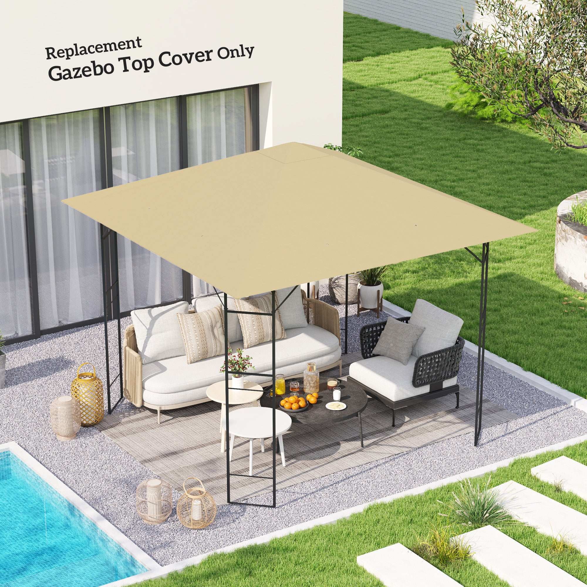 Outsunny 3 x 3(m) Gazebo Canopy Replacement Cover, Garden Gazebo Roof Replacement with Drain Holes, Water Resistant PVC Coating, 370g/㎡, UPF30+, TOP COVER ONLY, Beige - North Peak Garden Furniture