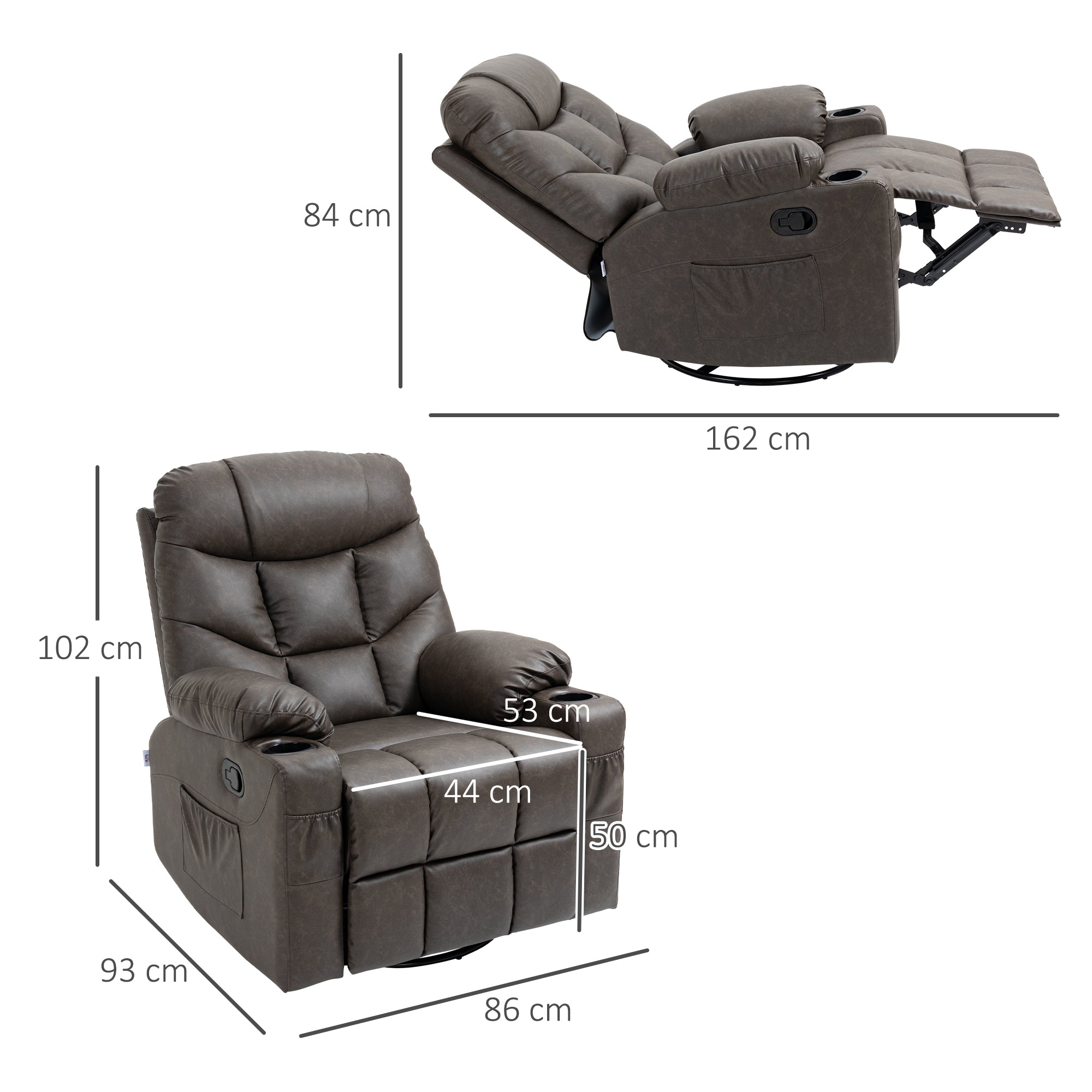 HOMCOM Manual Reclining Chair, Recliner Armchair with Faux Leather, Footrest, Cup Holders, 86x93x102cm, Brown - North Peak Garden Furniture