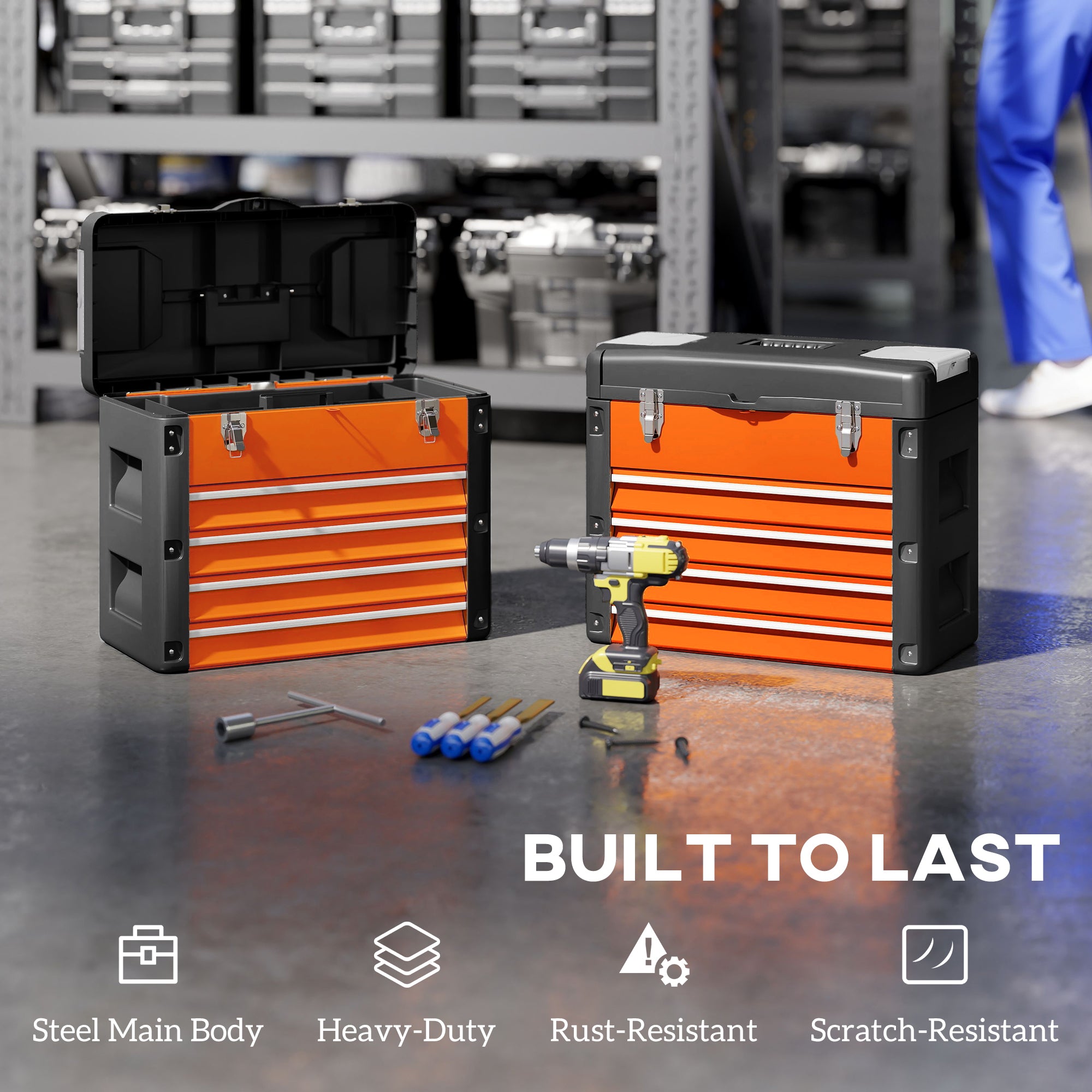 HOMCOM 4 Drawers Large Toolbox - Orange - North Peak Garden Furniture
