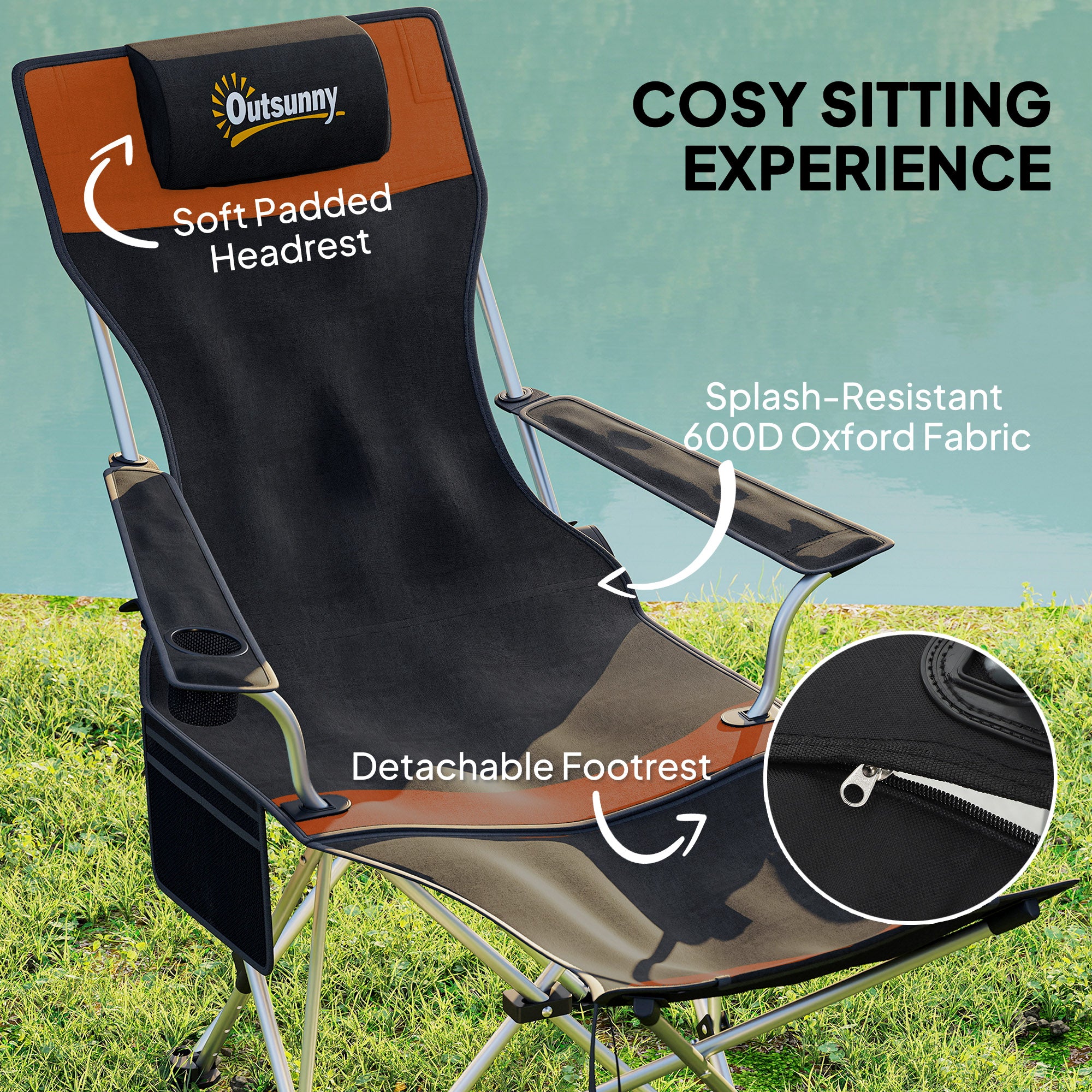 Outsunny Set of 2 Reclining Folding Camping Chair w/ Detachable Footrest, Storage Bag, Cup Holder & Headrest, Lightweight Portable Camp Chair for Beach, Picnic, Orange and Black - North Peak Garden Furniture