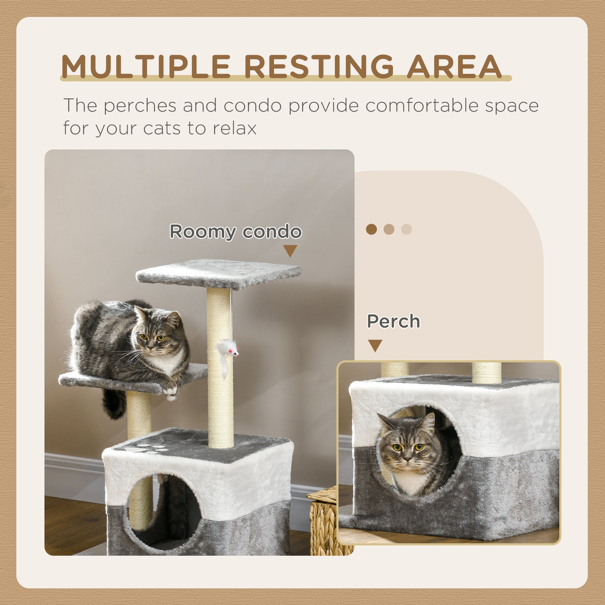PawHut Cat Tree w/ Sisal Scratching Posts, House, Perches, Toy Mouse, Grey - North Peak Garden Furniture