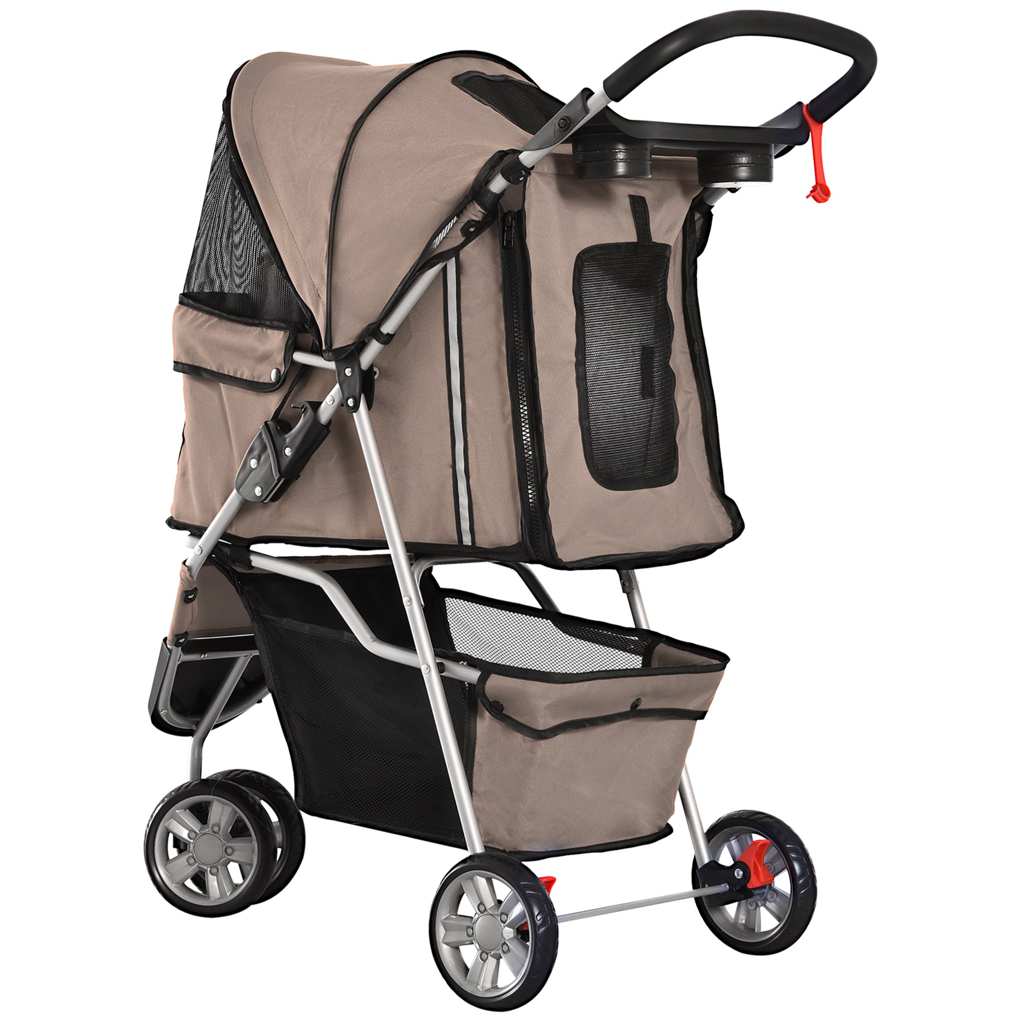 PawHut Dog Stroller, 3 Wheels Foldable Cat Dog Pram with Cup Holder, Storage Basket, Pet Stroller for Small Miniature Dogs, Brown - North Peak Garden Furniture